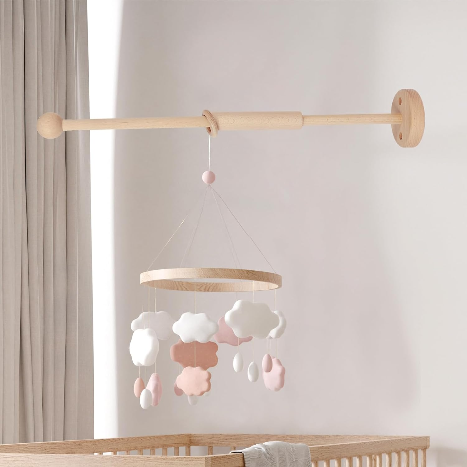 Baby Crib Mobile Arm Wooden Baby Mobile Hanger with Anti-Slip Design Beech Wood Curved Crib Mobile Holder Hanging Baby Crib Attachment Nursery Mobile Hanger for Crib Nursery D&eacute;cor (Wall Round) image number 4