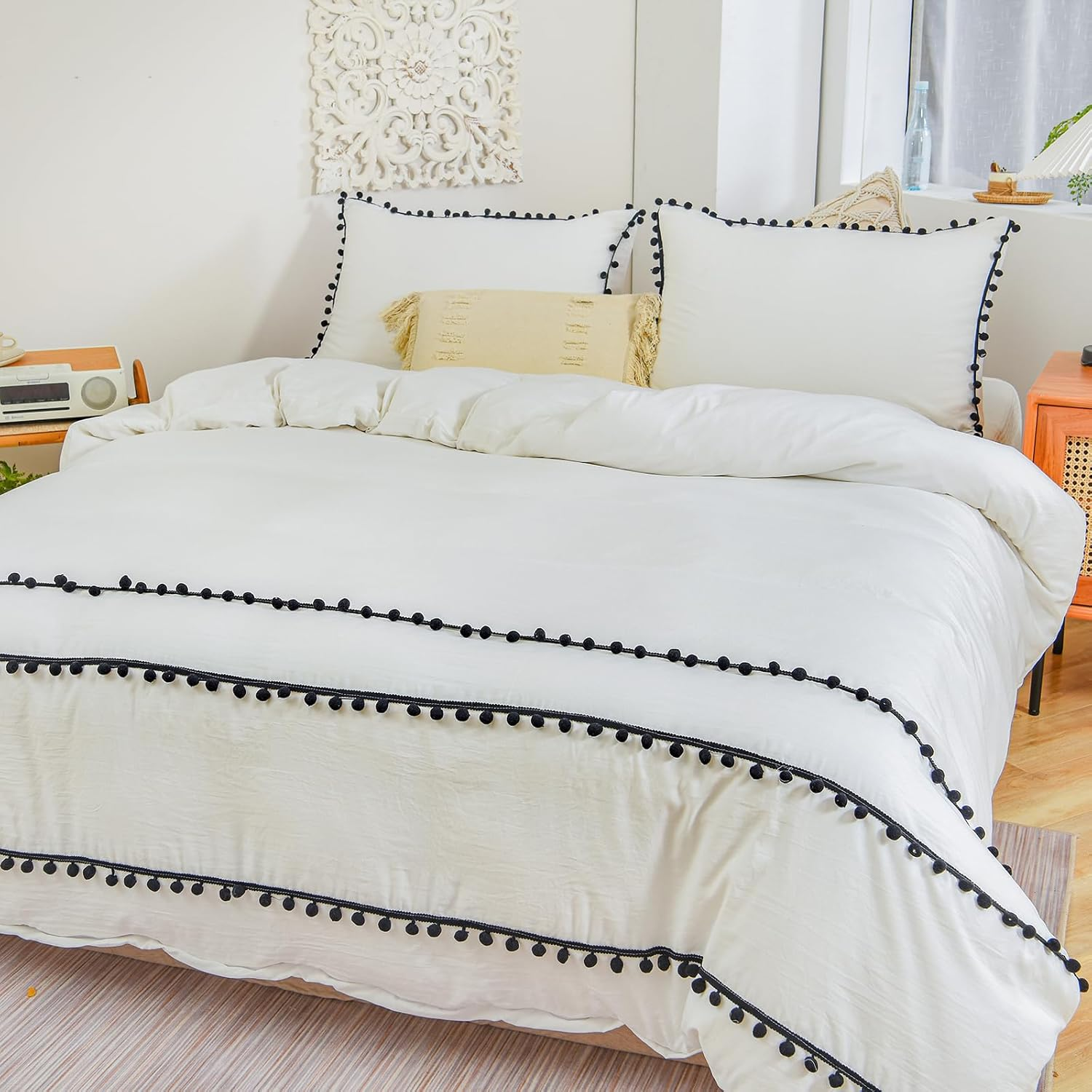 Herside White Duvet Cover Set Super King 260X220Cm Boho Bedding All Black Pom Poms Fringed Design Soft Microfibre Shabby Chic Bedding Sets with 2 Pillowcases (White Black,Super King) image number 2