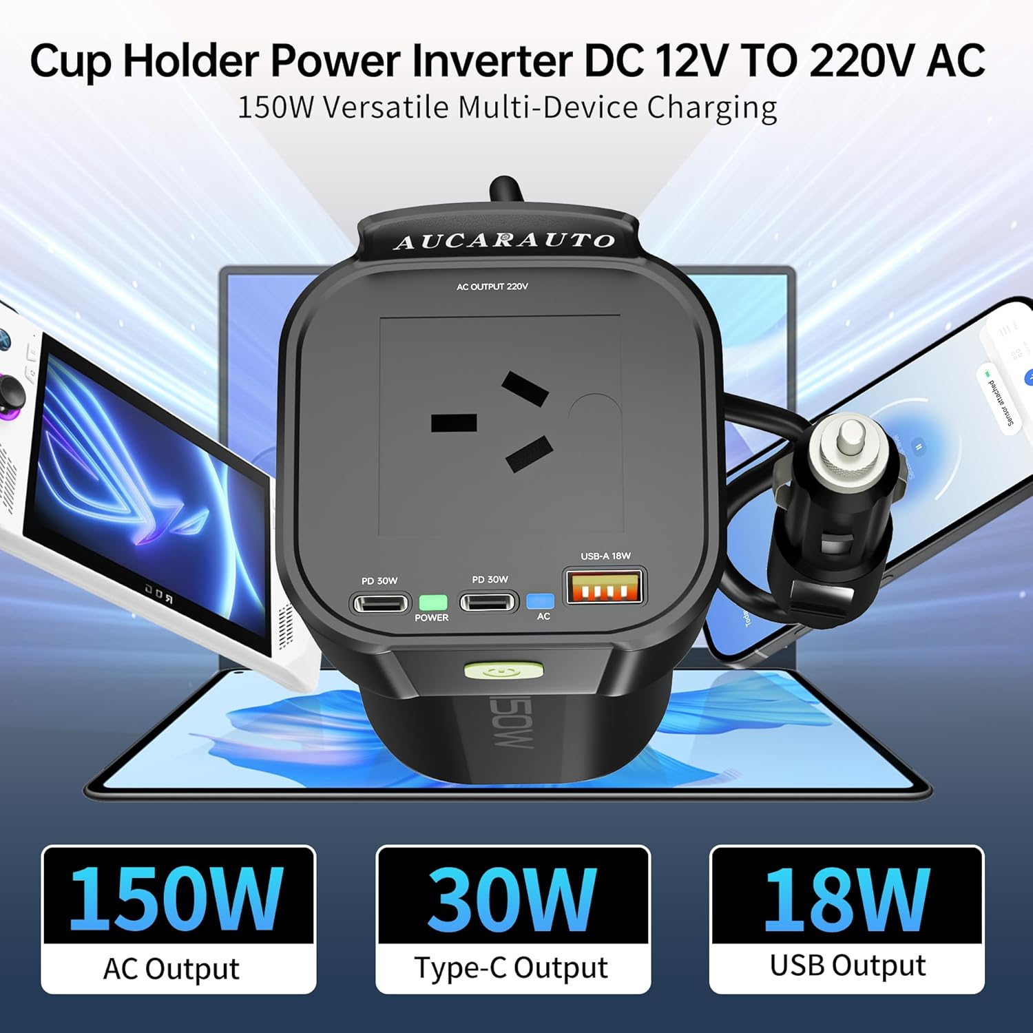 AUCARAUTO 150W Car Power Inverter, DC 12V to 220V AC 5-In-1 Cup Holder Car Plug Adapter Outlet with 10A Cigarette Lighter Socket, 2 USB-C 30W & 1 USB-A 18W Converter Charger - Black image number 1