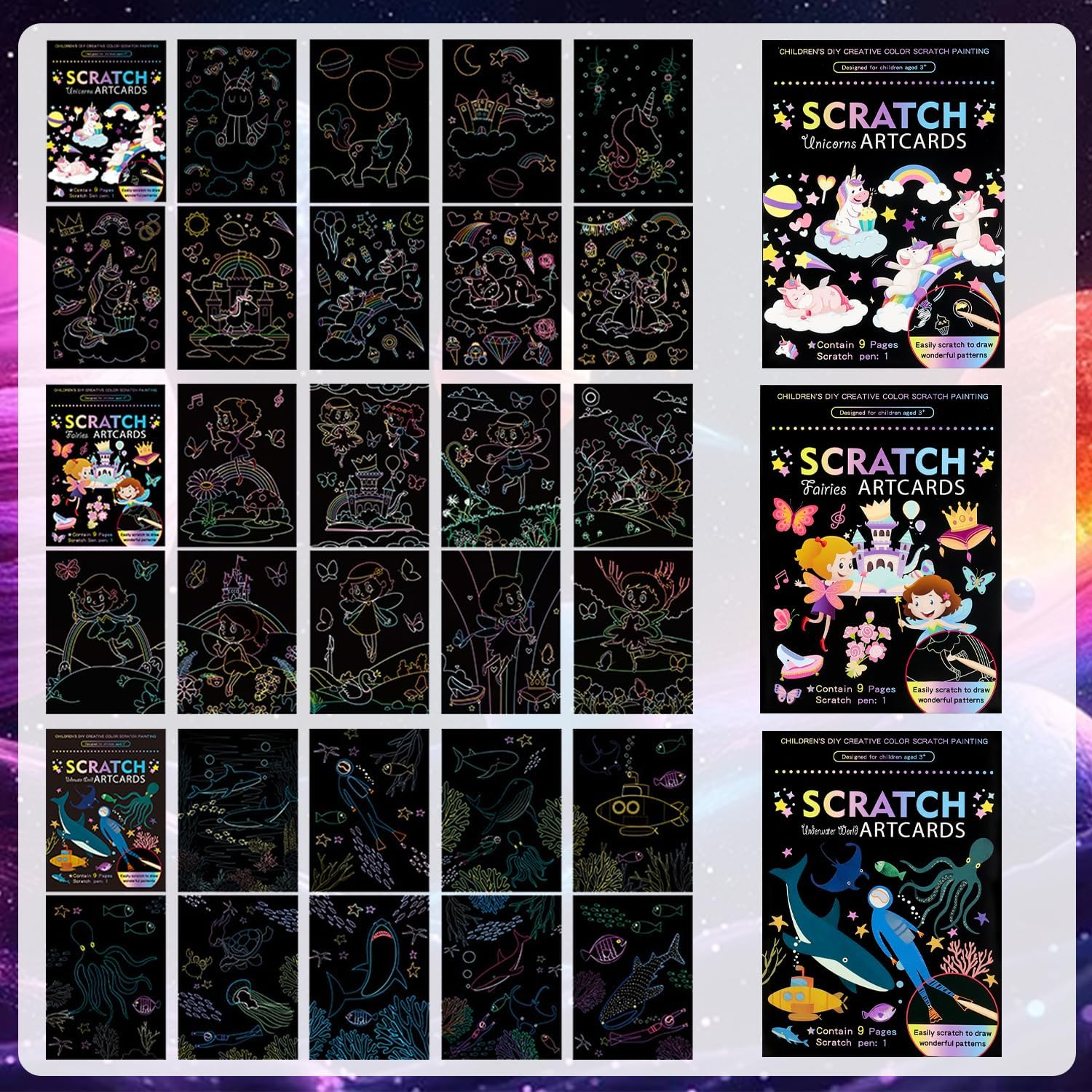 Rayong Set of 3 Scratch Pictures for Children, 18.5 X 13.5 Cm, Magic Rainbow Scratch Paper, Scratch Book, Scratch Paper Set with Colourful Gradient and Scratch Pen, Dinosaurs, Space, Oceans (B)