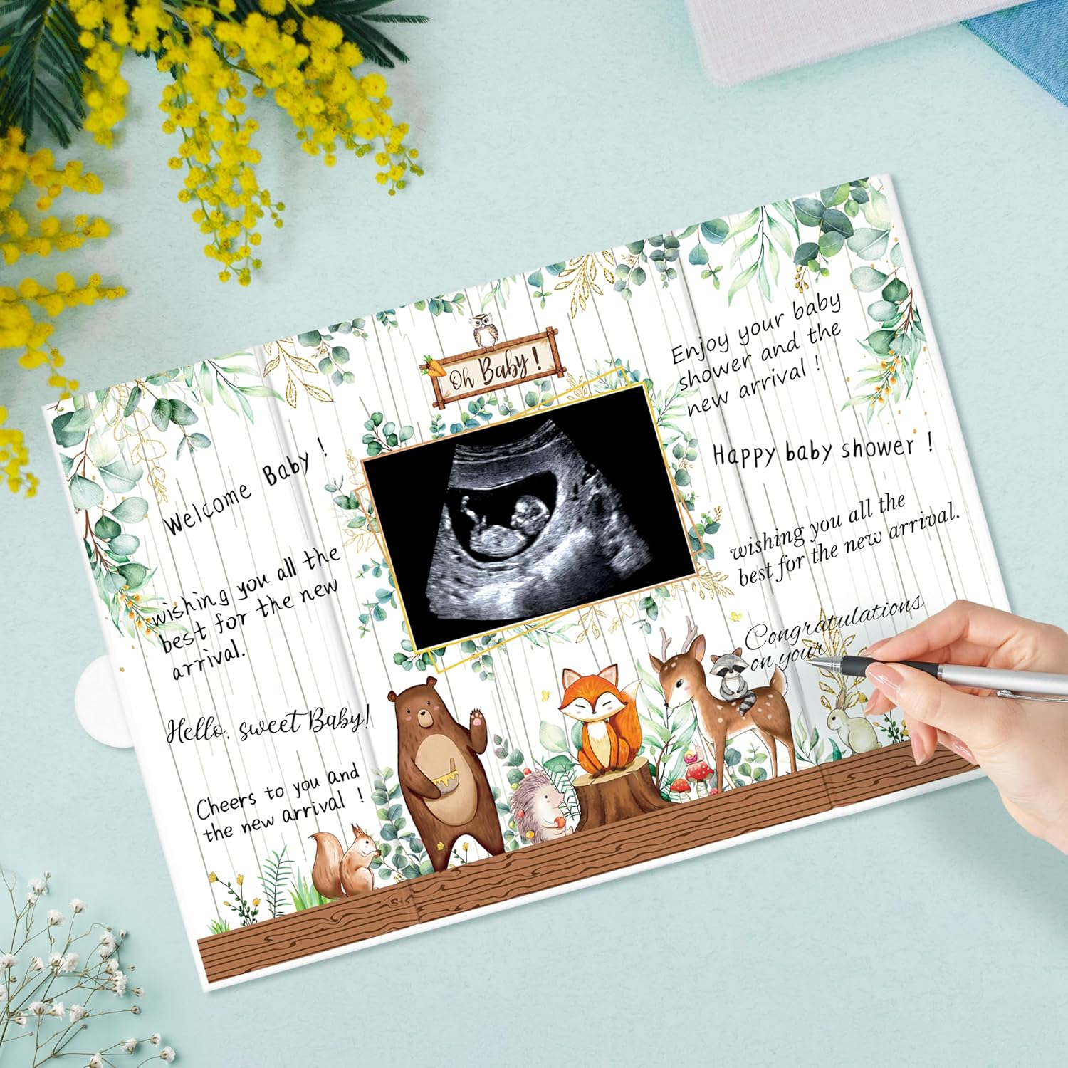 BORAMDO Woodland Animal Baby Shower Guest Book Alternative Safari-Themed Signature Book with Animal Designs Oh Baby Shower Keepsake Memory Book Green White Party Decor image number 6