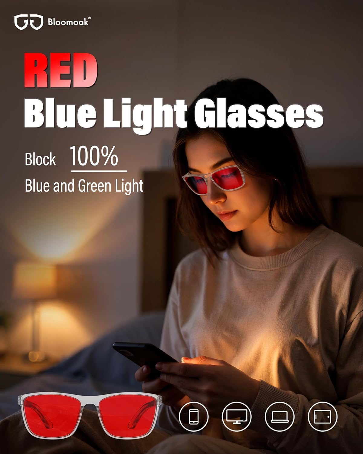 Bloomoak 99.9% Blue Light Blocking Glasses, Gaming Retro round Glasses, Relieve Eye Fatigue and Improve Sleep, Suitable for Screens/Games/Tvs - True Dark Red - 101 - Sleep Master image number 4