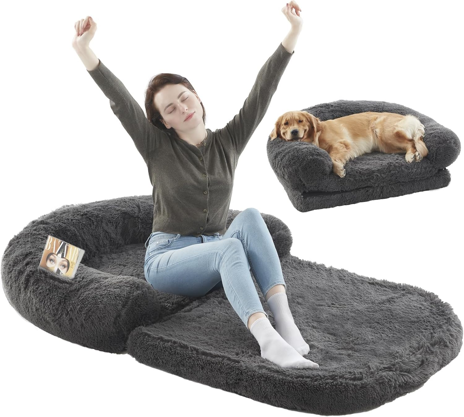 Foldable Human Dog Bed for People Adults, 2 in 1 Calming Human Size Giant Dog Bed Fits Pet Families with Egg Foam Supportive Mat and Waterproof Liner, Faux Fur Orthopedic Dog Sofa, Dark Grey