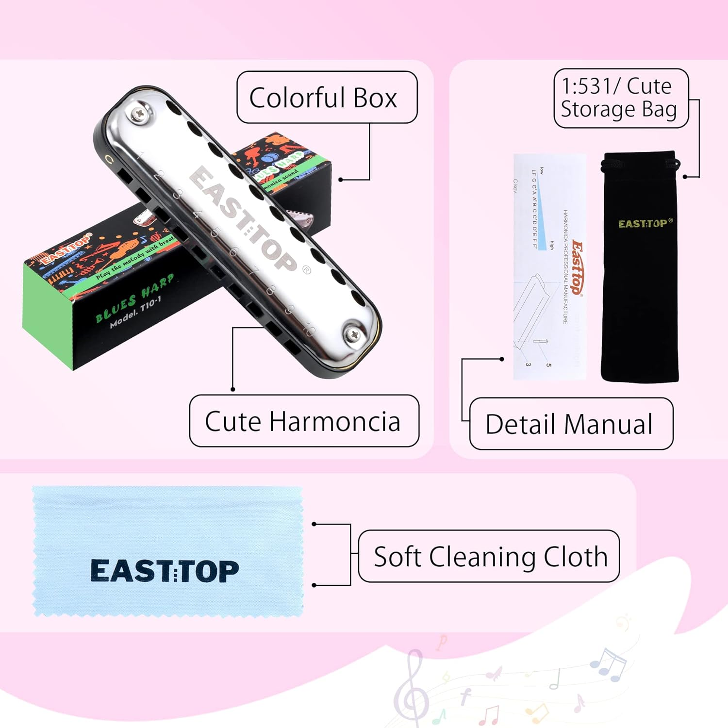 EAST TOP Junior Harmonica,Smoothly Rounded Edge 10 Holes C Key Blues Mouth Organ Harmonica for Kids and Children as Gift,With Fabric Cloth Pouch,Colourful Box, Black image number 1