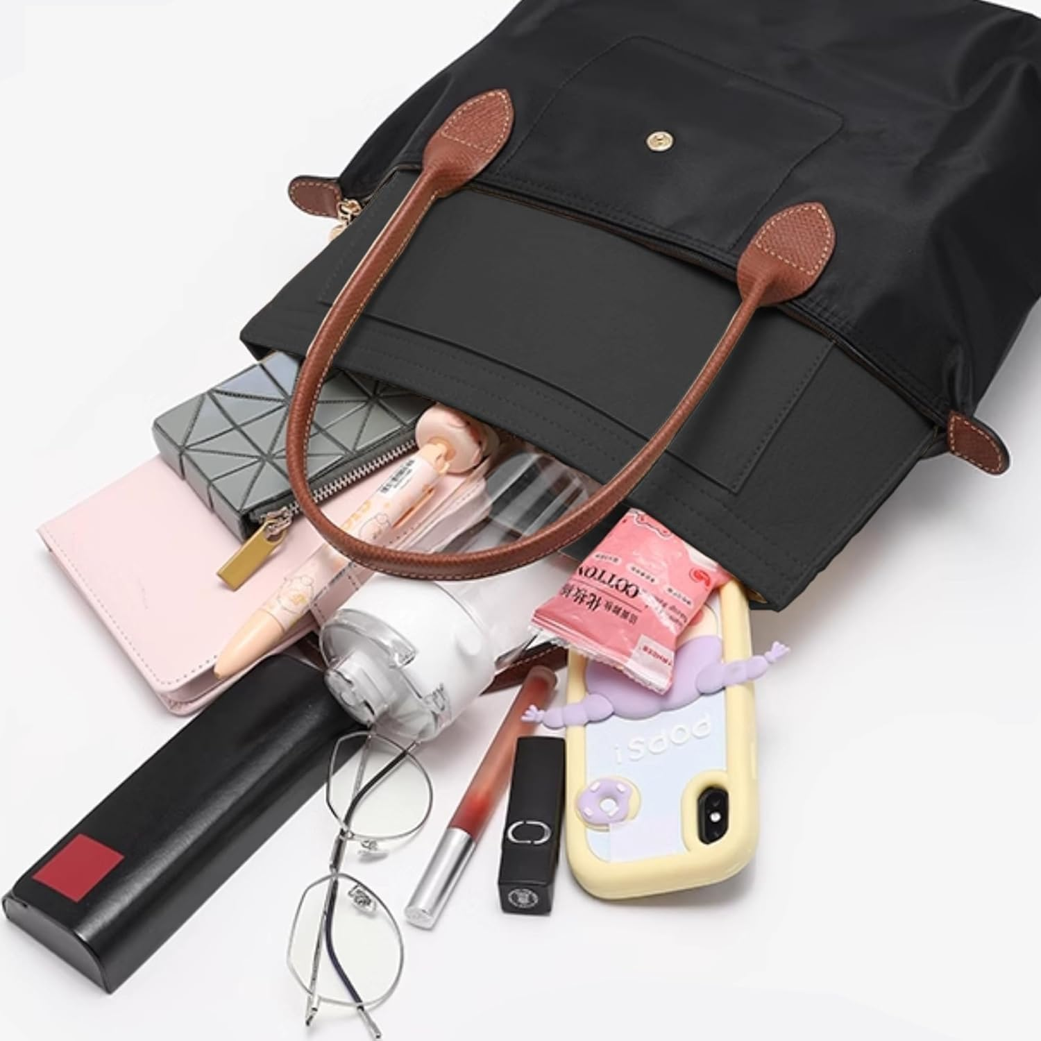 DAFROH Purse Organiser, Multi-Pocket Felt Handbag Organiser, Folding Tote Bag Organiser Insert for Insert Wallet Organiser for Longchamp (Black, Medium)