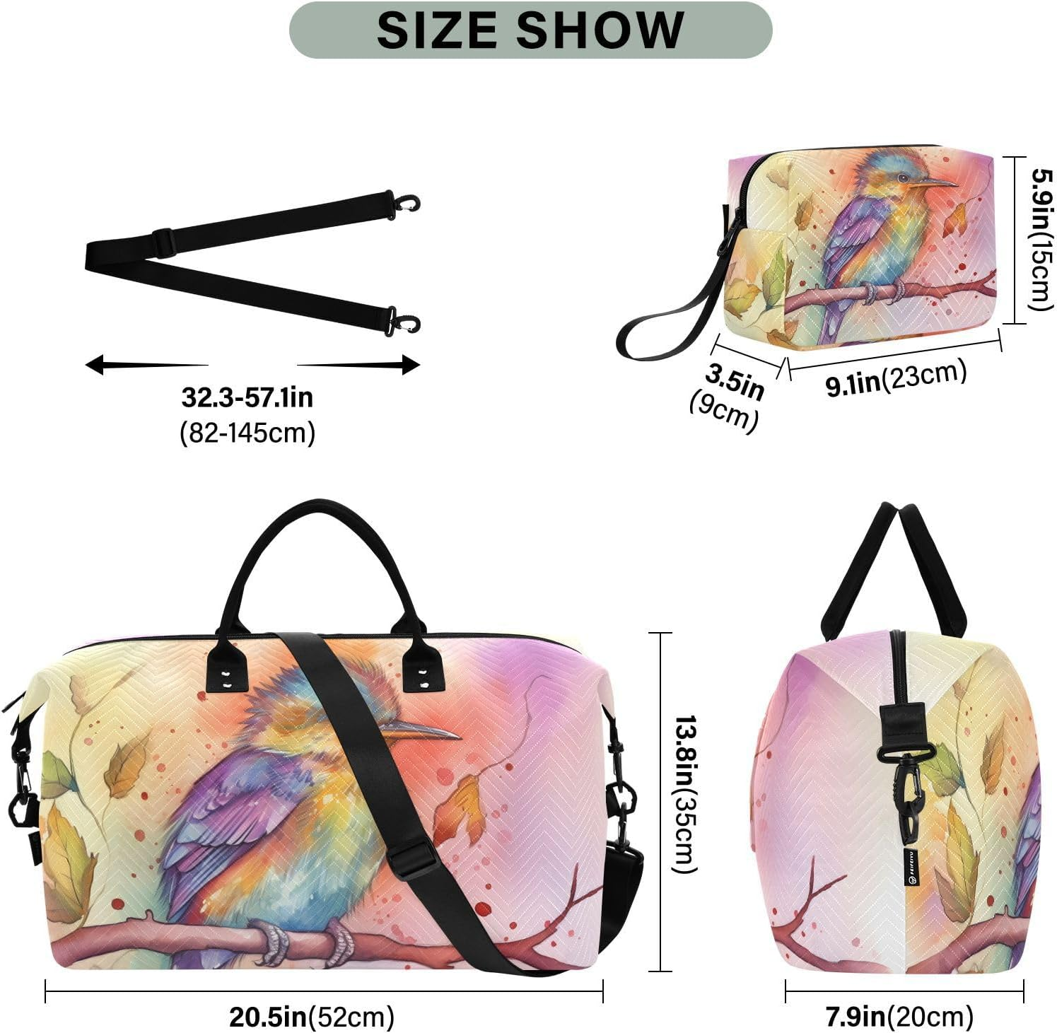 XYMZR Large Travel Duffel Bag, Branch Colorful Humming Sport Tote Gym Bag, Shoulder Weekender Overnight Bag for Women Men, Carry on Luggage with Toiletry Bag, Multi-Colored image number 3