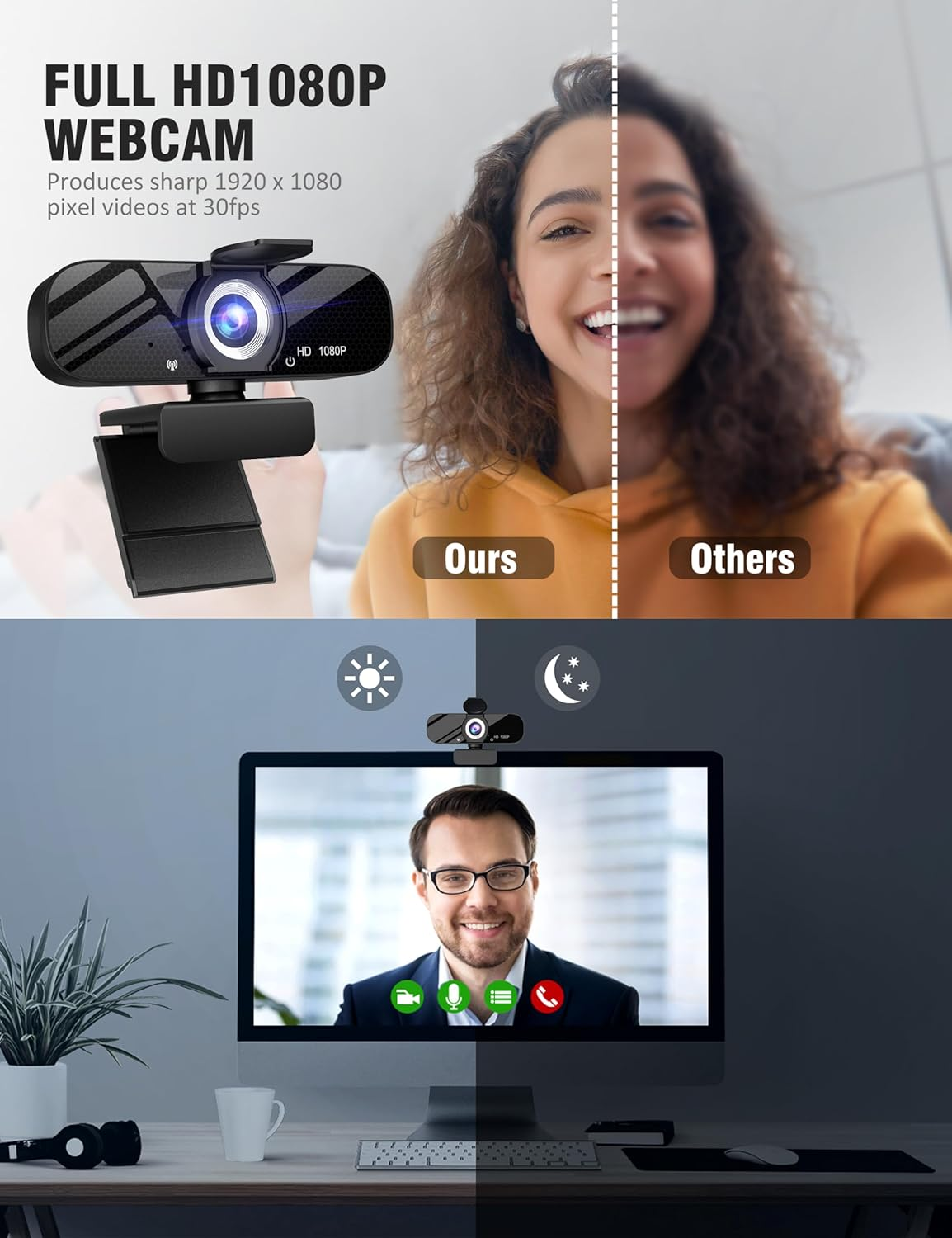 Gozvrpus USB HD Webcam with Built-In Microphone and Rotatable Tripod, 1080P Video, Wide Angle Camera, Privacy Cover, for PC Computer or Laptop (Black) image number 1