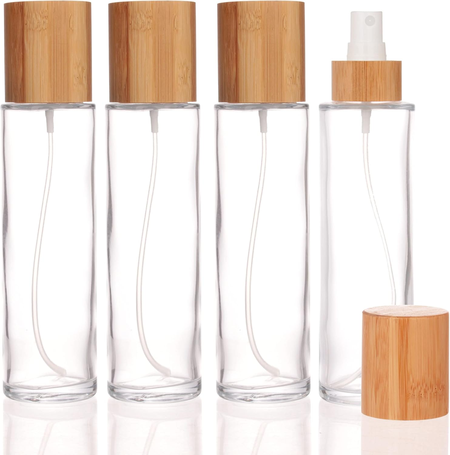 COSIDEA 4 Pcs Empty 4Oz /120Ml Bamboo Lid Frosted Glass Spray Bottle with Fine Mist Despenser Head for Liquid Perfume Toiletries Containers, Toner Bottles