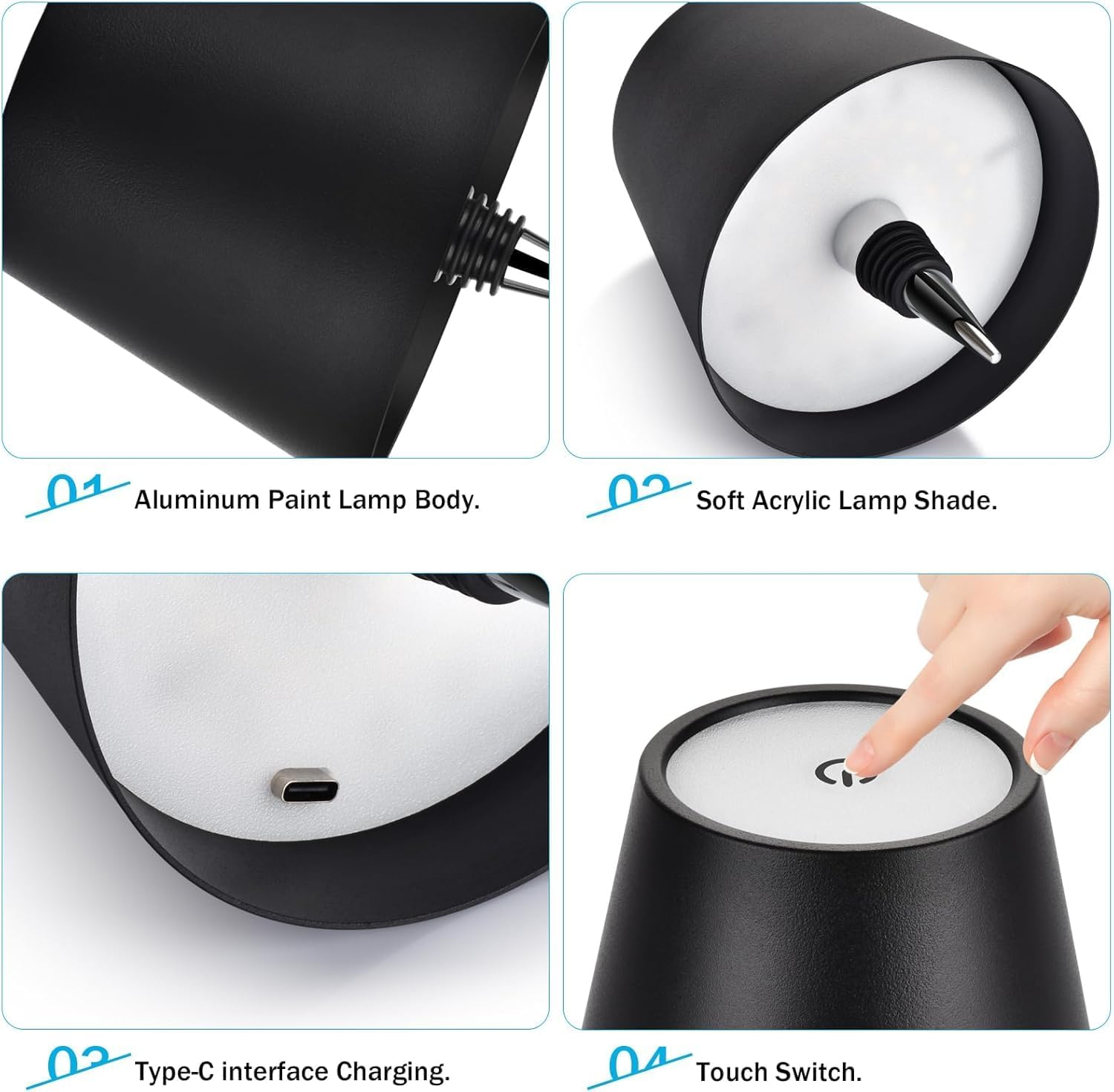 Wireless Bottle Lamp 2000Mah, Touch Table Light with 3 Color Stepless Dimming, Rechargeable Atmosphere Touch Lamp for Bars, Cafes, Restaurants, Bedrooms, Outdoor Environments (Black, 1Pcs) image number 1