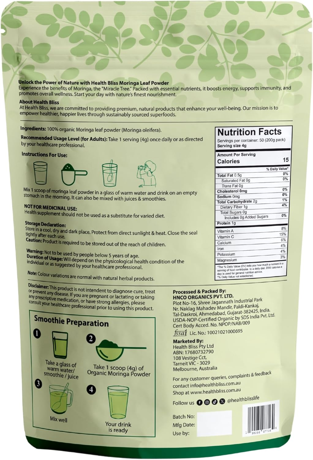 Health Bliss Organic Moringa Powder 200G &ndash; Pure Moringa Leaf Superfood | Natural Energy, Detox & Immune Support | Vegan, Non-Gmo & Nutrient-Rich Green Powder