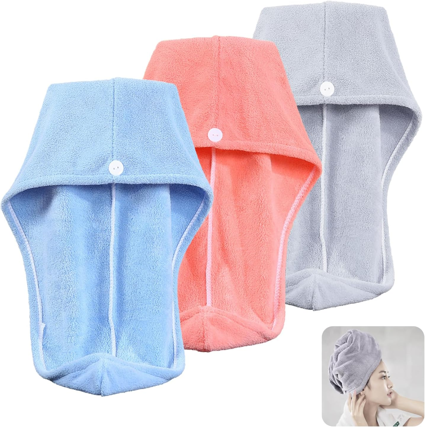 Set of 3 Super Absorbent Microfiber Hair Towel Wraps, Hair Turbans for Quick Drying, Anti-Frizz, and Heat Damage Reduction, Premium Hair Care for All Hair Types image number 4