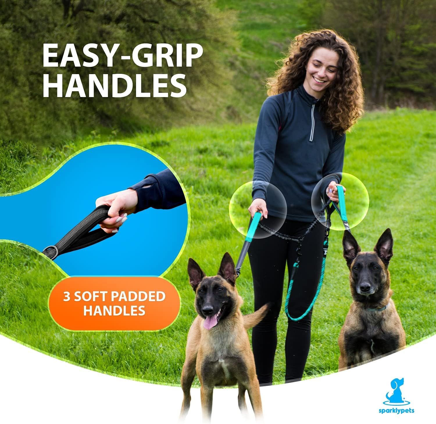 Sparklypets Double Dog Leash for 2 Dogs &ndash; Rope Bungee Dual Leash for Medium and Large Dogs with Padded Handles & Tangle Free (Teal, Medium/Large) image number 5