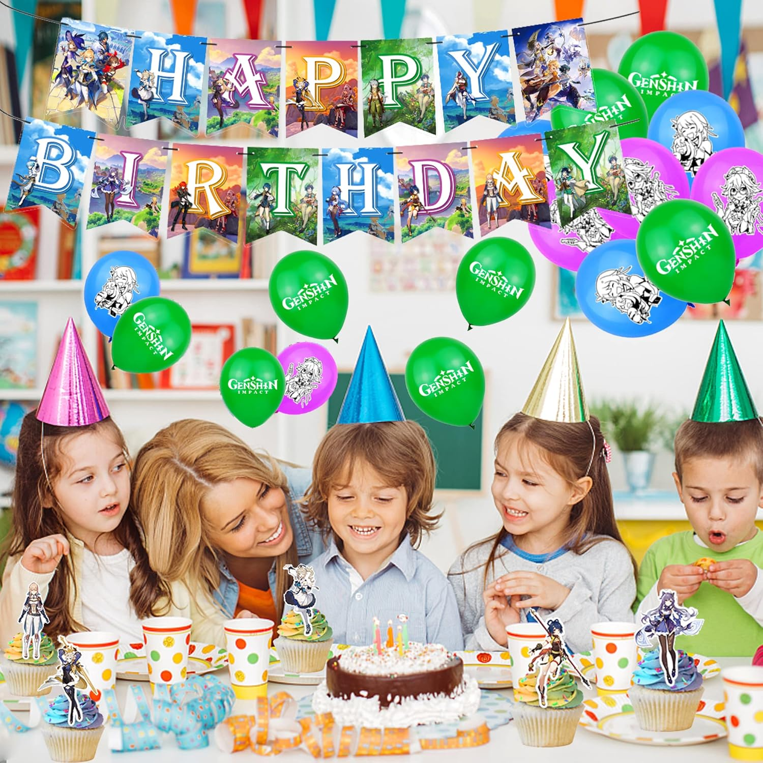 Genshin Impact Birthday Balloons & Decorations - Blue Traveler Themed Party Pack with Banner, 16 Latex Balloons & 13 Cake Toppers image number 6
