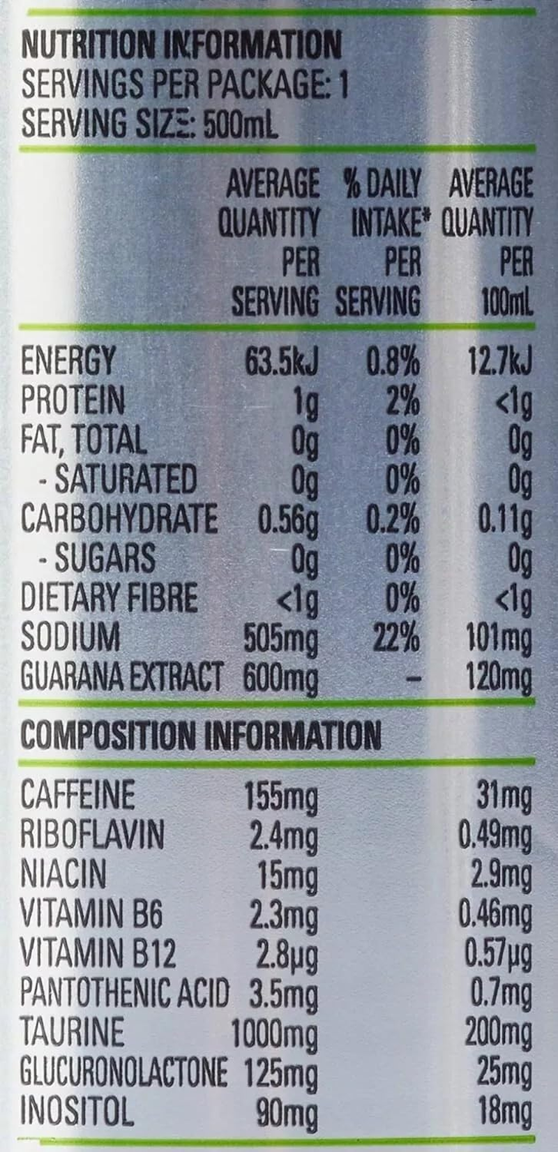 V Energy Sugar Free Guarana Energy Drink Can, 12 X 500 Milliliters image number 4
