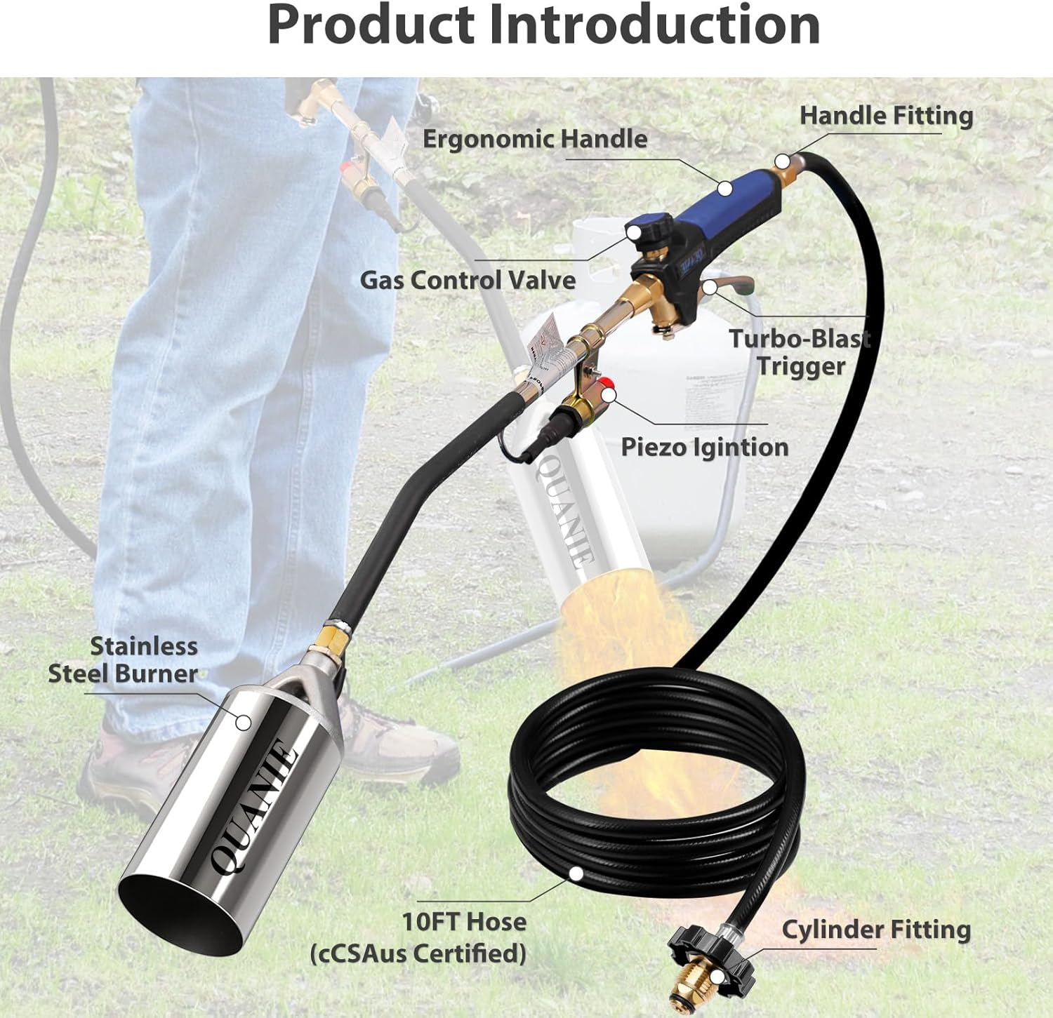 Propane Torch Burner Weed Torch High Output 2,400,000 BTU with 10FT Hose,Heavy Duty Blow Torch with Flame Control and Turbo Trigger Push Button Igniter,Flamethrower for Garden Wood Ice Snow Road (Blue image number 5