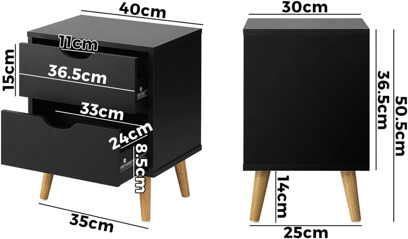 Oikiture Bedside Table with 2 Drawers, Wooden Side Table Nightstand Home Storage Furniture Black image number 3
