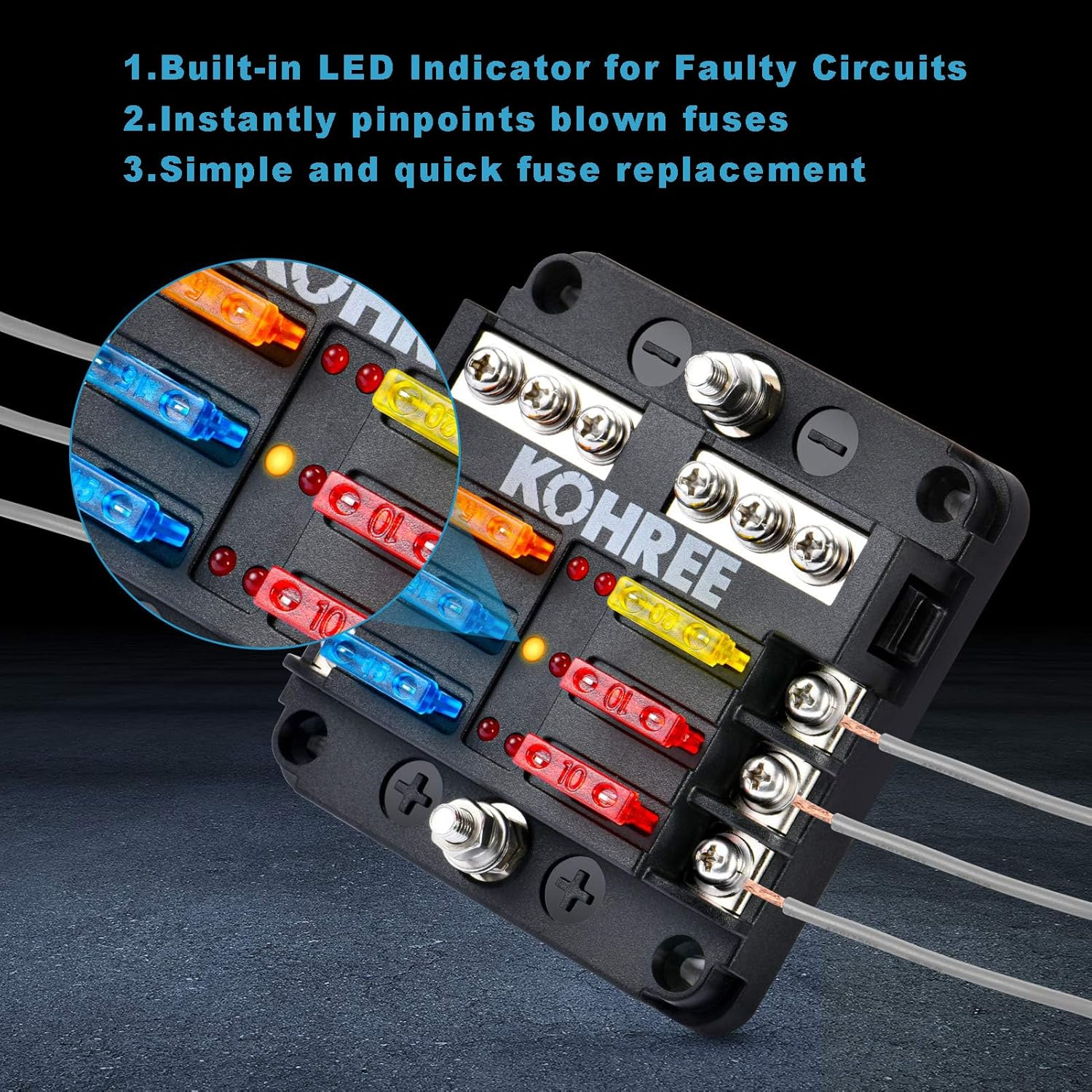 MAEZOE 6 Way 12V Fuse Box with LED Indicator, Heavy Duty Waterproof Blade Fuse Panel with Label Stickers & Negative Bus, for Car Marine RV Truck Boat DC 12-24V image number 6