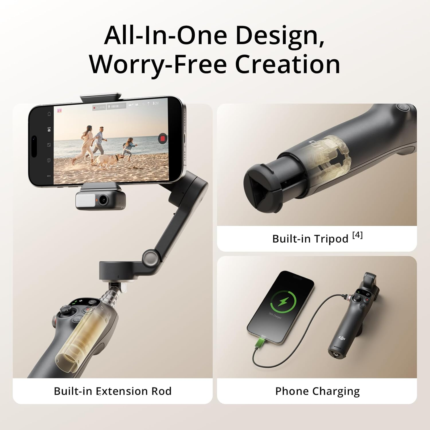 DJI Osmo Mobile 7P Gimbal Stabilizer for Iphone, Android, Native Tracking, Lighting, 3-Axis Phone Gimbal, Quick Launch, One-Tap Edit, Built-In Extension Rod & Tripod, 10Hrs Use, Phone Charging image number 5