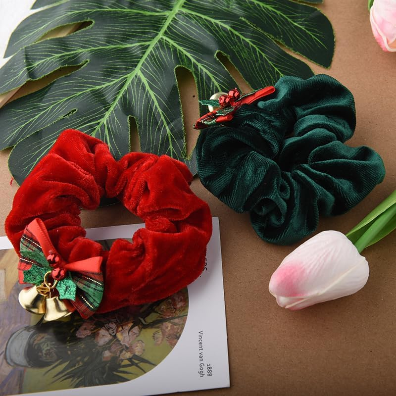 Xmas Christmas Hair Scrunchies for Women Holiday Christmas Hair Ties Christmas Hair Bands Accessories for Women'S Hair Red Green Hair Scrunchie Bell Christmas Ponytail Holder Bow Tip Hair Ties 2Pcs image number 4