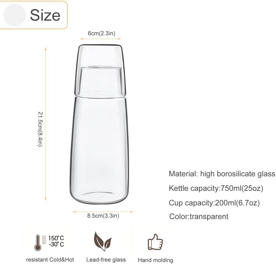 Yalucky Bedside Carafe and Glass Set, Water Carafe with Glass Cup for Nightstand Bedroom Guest Room, Mouthwash Bottle for Bathroom Kitchen 25Oz/750Ml (Transparent) - Amber image number 5