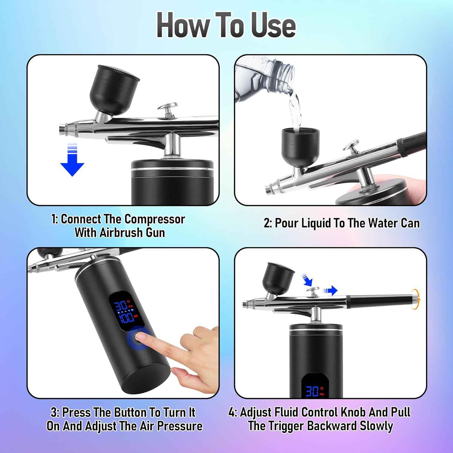 MEKOTRIN Cordless Airbrush Kit, Rechargeable Air Brush Gun Kit with LCD Display, High Pressure Air Brushes with 0.3Mm Nozzle and Cleaning Set for Painting, Tattoos, Makeup, Cake Decorating image number 6