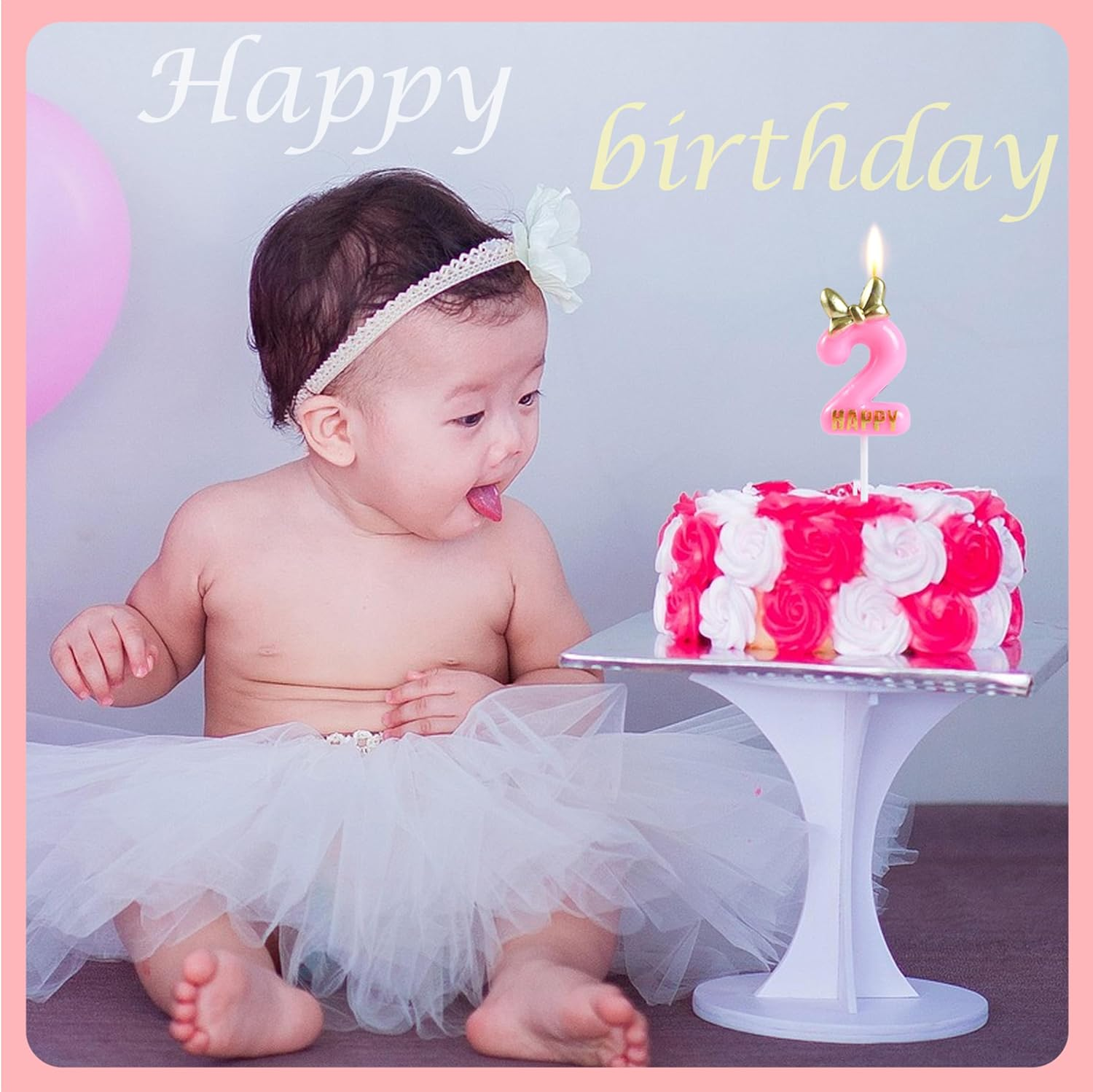 EAKE Pink Birthday Candles Number 2 with Bow Bowknot Bowtie and Metallic Gold Mini Happy Letter for Happy 2Nd Mouse Theme Birthday Cake Topper Party Supplies Decorations (4.7 Inch) image number 6