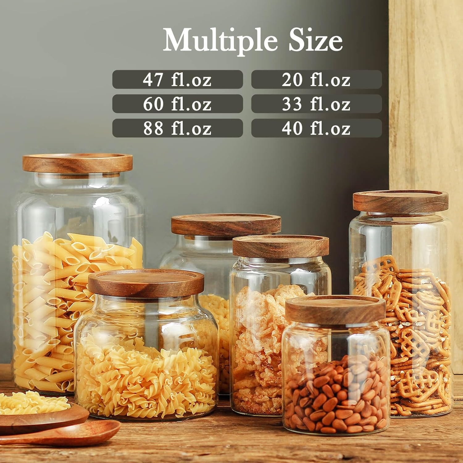 Labina Glass Storage Container Airtight Food Jars Kitchen Canister with Wood Lids, 40 Oz Wide Mouth Pantry Organization Glass Jar for Flour, Sugar, Cookie, Spagetti, Nuts and Candy image number 1