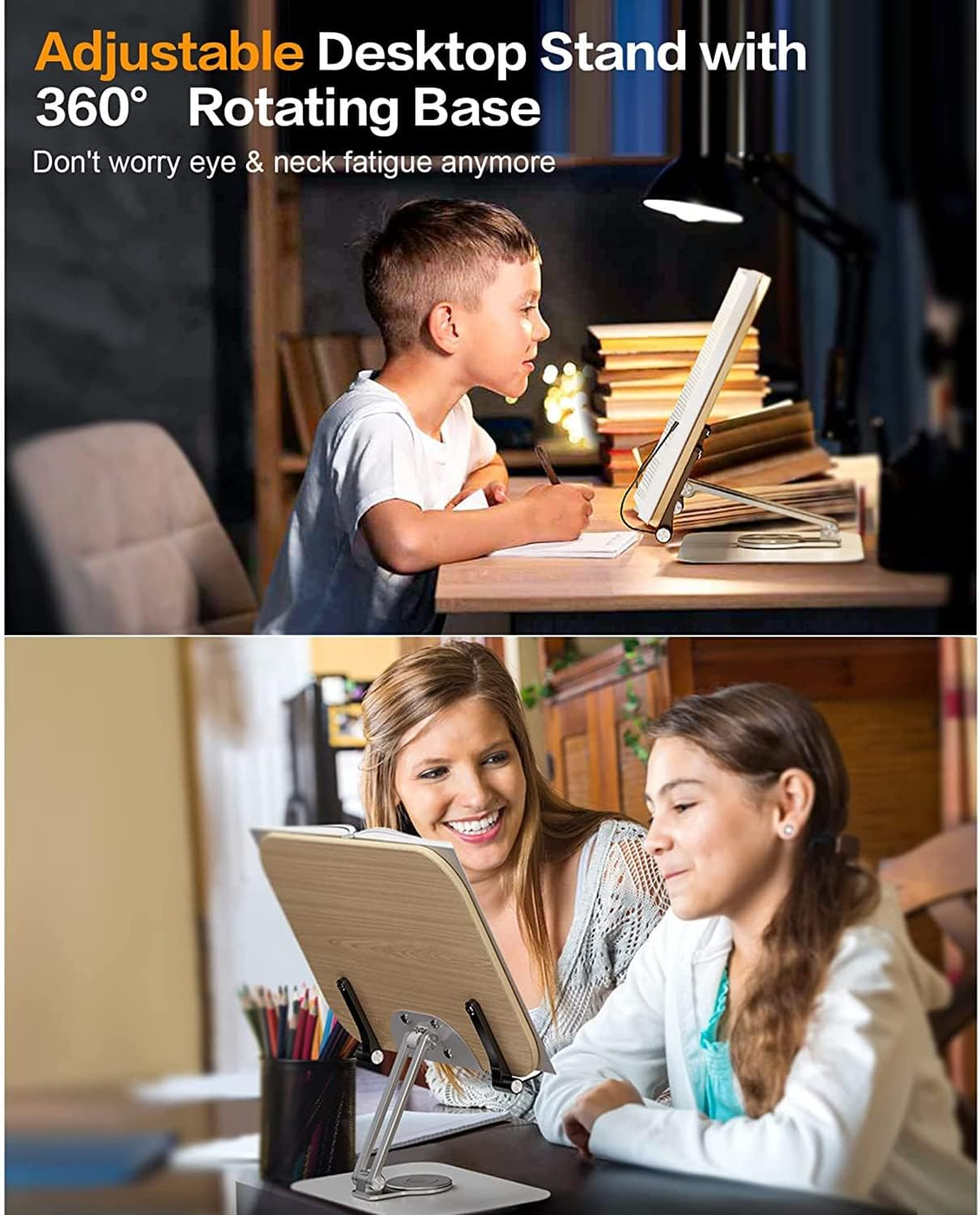 Book Stand for Reading, Adjustable Holder with 360&deg; Rotating Base & Page Clips, Foldable Desktop Ricer for Cookbook, Sheet Music, Laptop, Recipe, Textbook, Hands Free, Wood, Aluminium