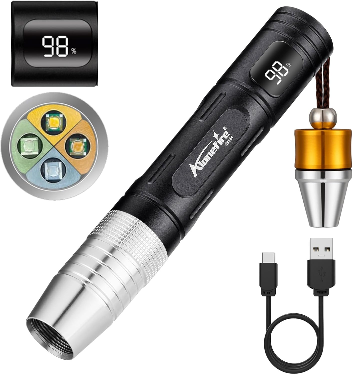 Alonefire SV124 EDC Flashlight Mini 365Nm/395Nm UV Blacklight, Yellow and White Light Digital Display USB C Rechargeable Pet Urine Detector for Rocks Gemstone with Little Focusing Tip,Built-In Battery image number 4