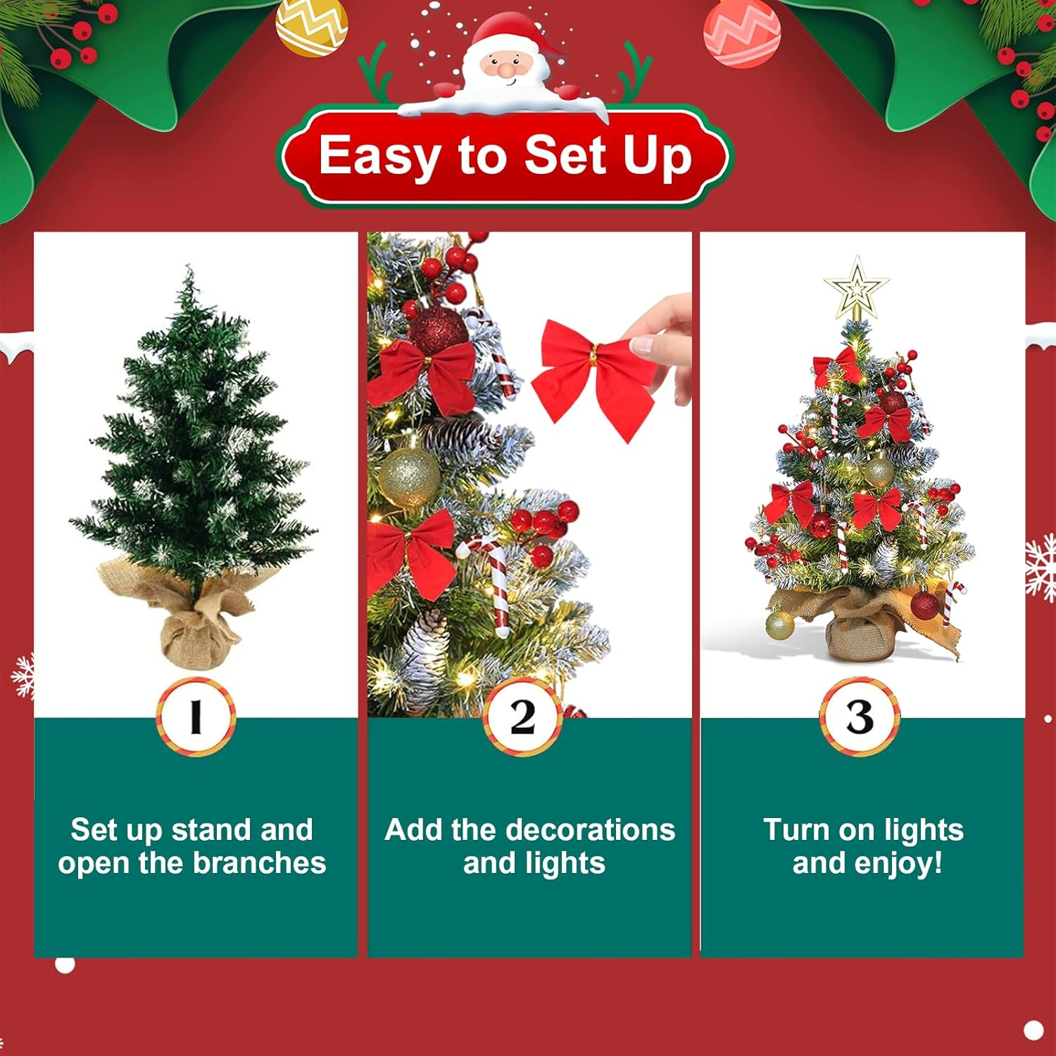 Small Christmas Tree with Lights and Ornaments, 60Cm Tabletop Mini Christmas Tree with Light, Star Topper, DIY Artificial Tabletop Xmas Tree for Office Home Indoor Decoration image number 6