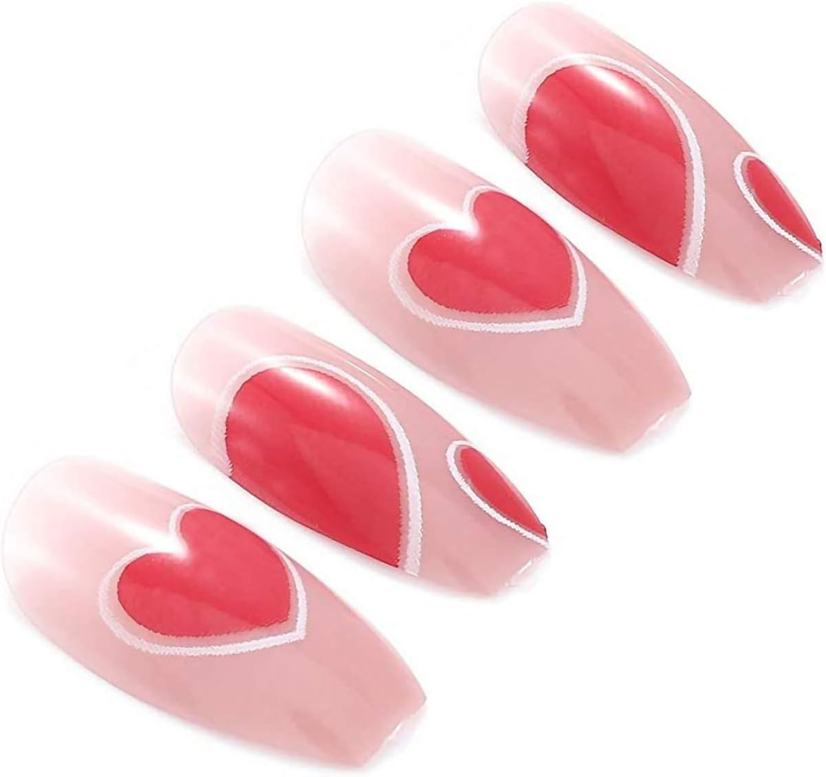Love Heart Press on Nails,24Pcs Rose Red Full Cover Long Coffin Fake Nails Love Style Design Nails for Women and Girls image number 2