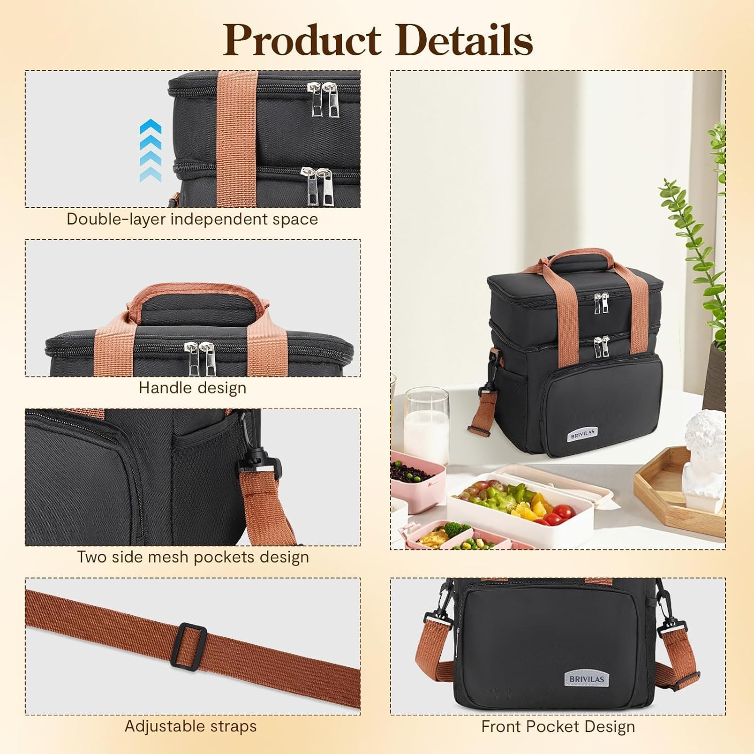 Insulated Lunch Box for Men & Women - Collapsible Cooler Bag Leakproof Double Deck, Large 12.5L Adult Lunch Bags for Work, Travel - Black Lunch Bag Cooler Lunch Box with Adjustable Strap image number 2