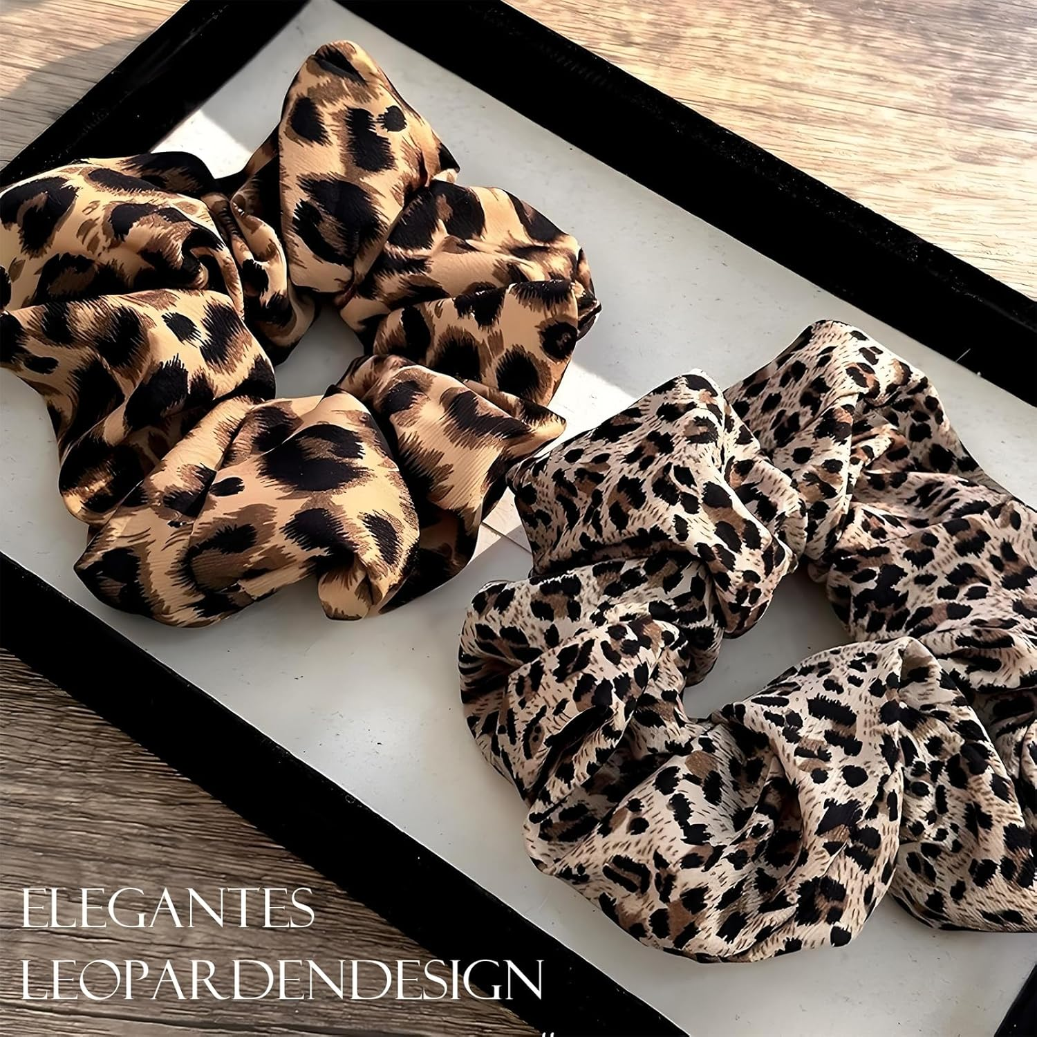 PUSCOBSY 2 X Hair Bands for Women, Leopard Print Scrunchies, Strong Hold Hair Bobbles, Extra Large Scrunchie for Thick Hair, Dark & Light Leopard Print image number 4