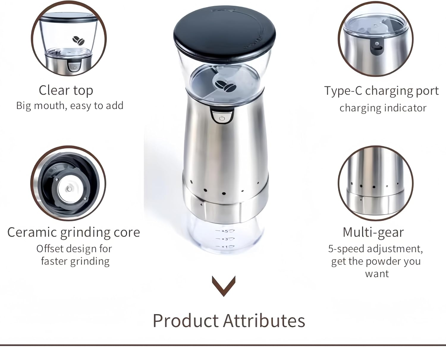 Azragon Coffee Grinder Electric - USB Rechargeable, Type-C Fast Charging, 1200Mah Battery for 25 Cups, Compact Travel & Home Use, Grinds 20G/Single or 60G/Bulk(Black) - Silver image number 6