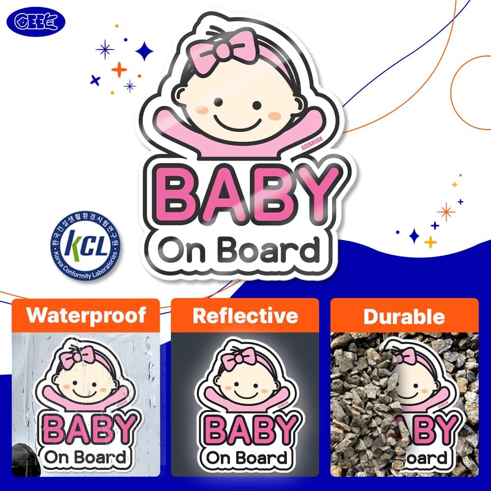 GEEKBEAR Baby on Board Car Sticker - Cartoon Design, Reflective, Weather-Resistant (Basic Boy + Basic Boy) image number 6