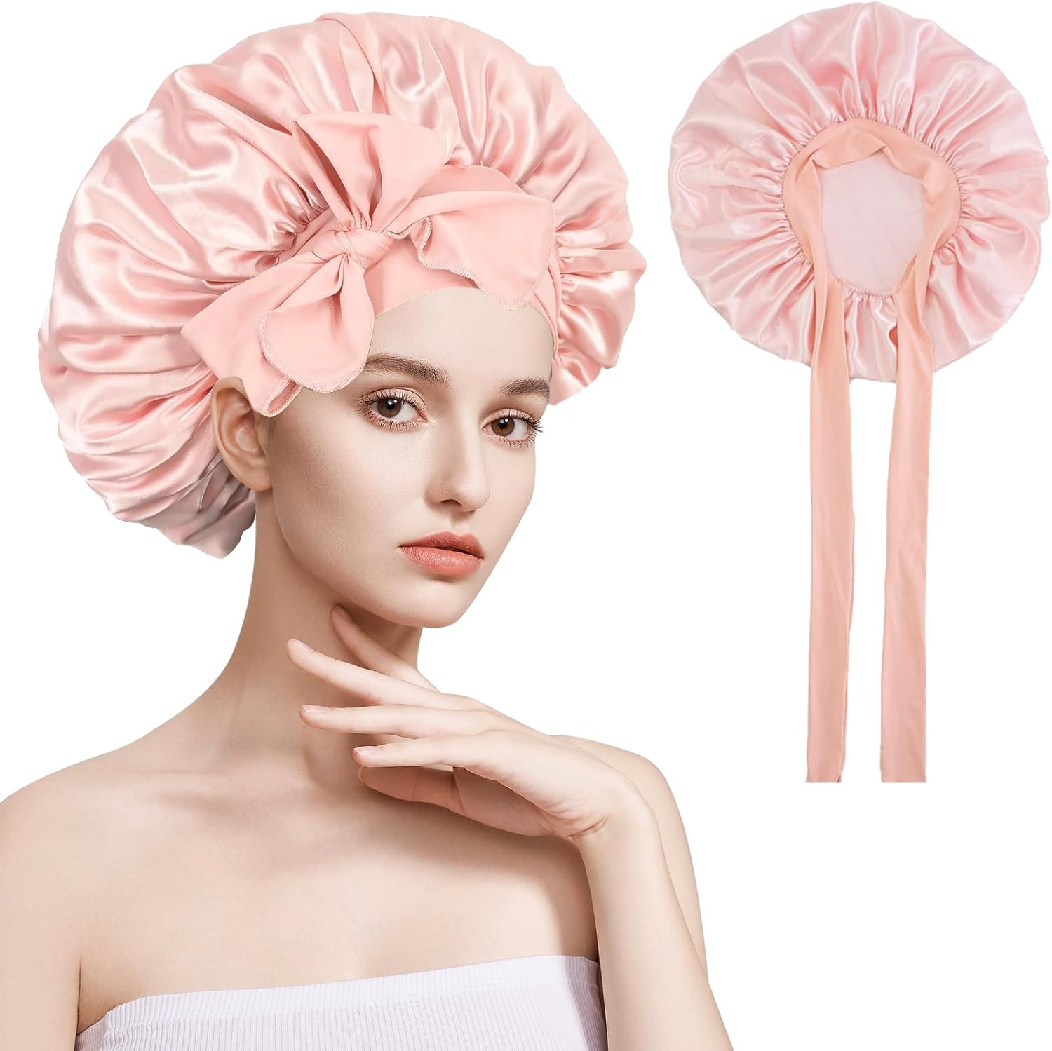 Yuejieselected Silk Sleep Cap for Long Hair Silk Sleep Cap for Sleeping (1 Light Powder), Dusted, 1 image number 1