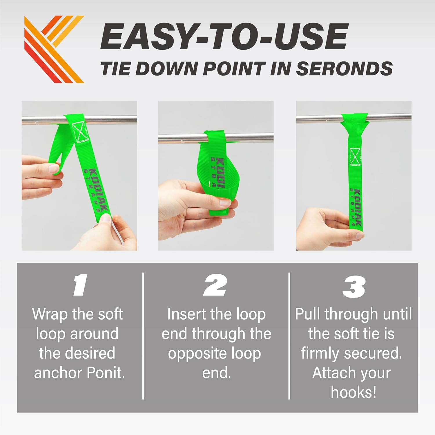 Soft Loop Tie down Straps - 1 X 12 Inches- 4,500 Lb Load Capacity - Green 6 Pack - Loops for Securing ATV, UTV, Motorcycles, Scooters, Dirt Bikes, Lawn & Garden Equipment by Kodiak Straps image number 4