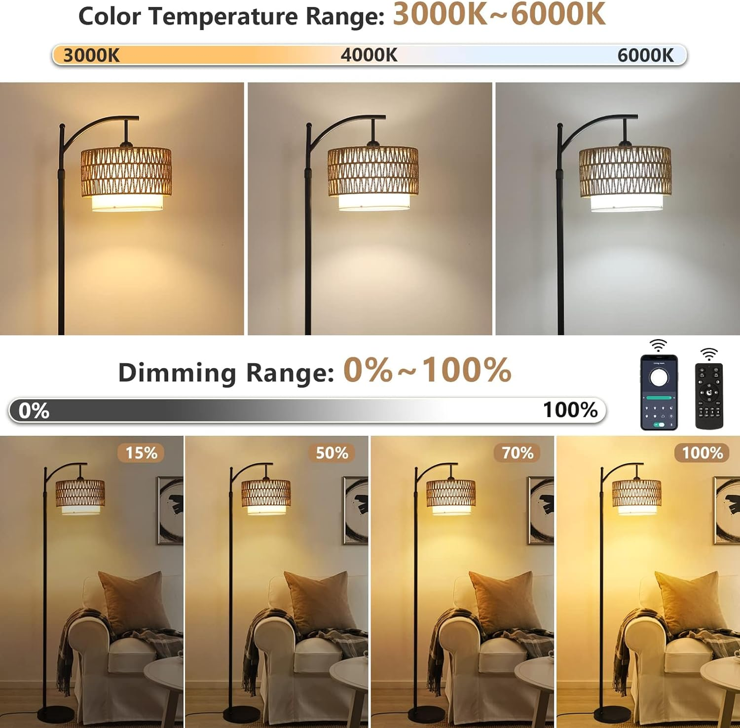 Arc Floor Lamp for Living Room with 3 Color Temperatures, Farmhouse Floor Lamps with Remote & Dimmable Bulb, Boho Standing Lamp with Rattan & Fabric Shades, Adjustable Tall Lamp for Bedroom image number 3