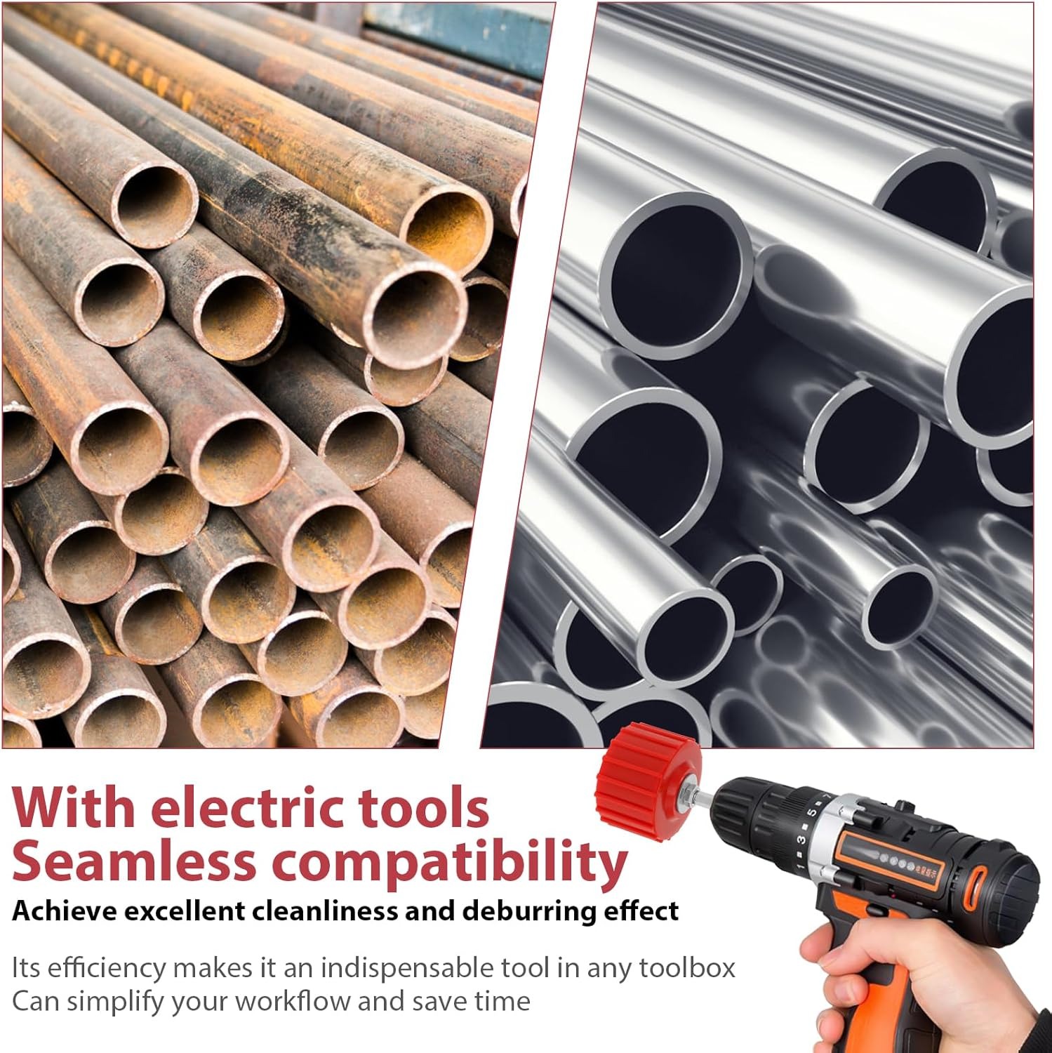 9 Piece Set 1/2" 3/4" 1" Copper Pipe Cleaner for Drill, Tube Cleaning Brush W Stainless-Steel Wire Bristle, Cleans Copper/Bronze/Brass Pipes and Tubes for Soldering image number 6