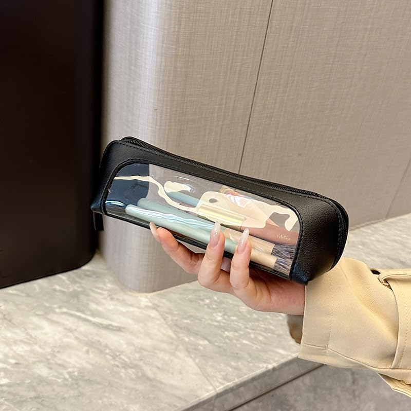 2Pcs Clear Makeup Bag Organizer, TSA Approved Portable Travel Toiletry Bag Set Multipurpose Cosmetic Bag Case for Women Vegan Leather Make up Pouch Makeup Brushes Storage Case Bags (Black C Set) image number 2