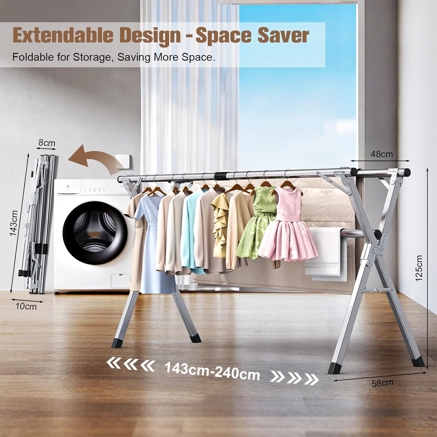 Hormes Clothes Drying Rack, 2.4M Adjustable Clothes Airer Laundry Drying Rack, Foldable Heavy Duty Stainless Steel Clothes Dryer Stand Horse with 20 Windproof Hooks & 12 Clips for Outdoor Indoor Use image number 4