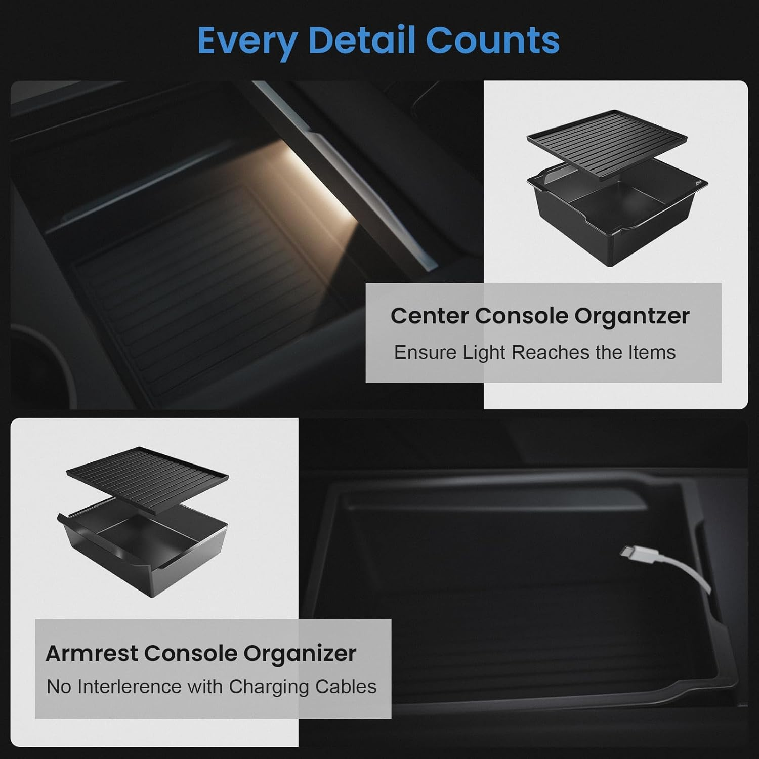 Tesla New Model Y Juniper & Model 3 Center Console Organizer (Dual-Layer Storage, Smooth Sliding) &ndash; Compatible with Model 3 (2024-2025) / New Model Y Juniper Accessories image number 1