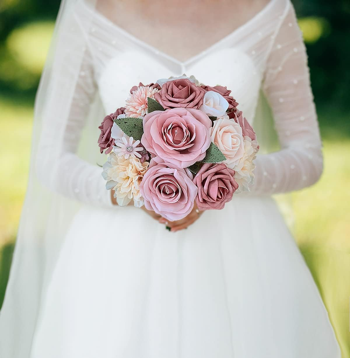 Artificial Roses Flowers Pink Bouquets Box Set for Wedding Bridal Bouquets DIY Party Table Centerpieces Floral Arrangements Home Decor (Indoor/Outdoor) Blush 19Pcs image number 5