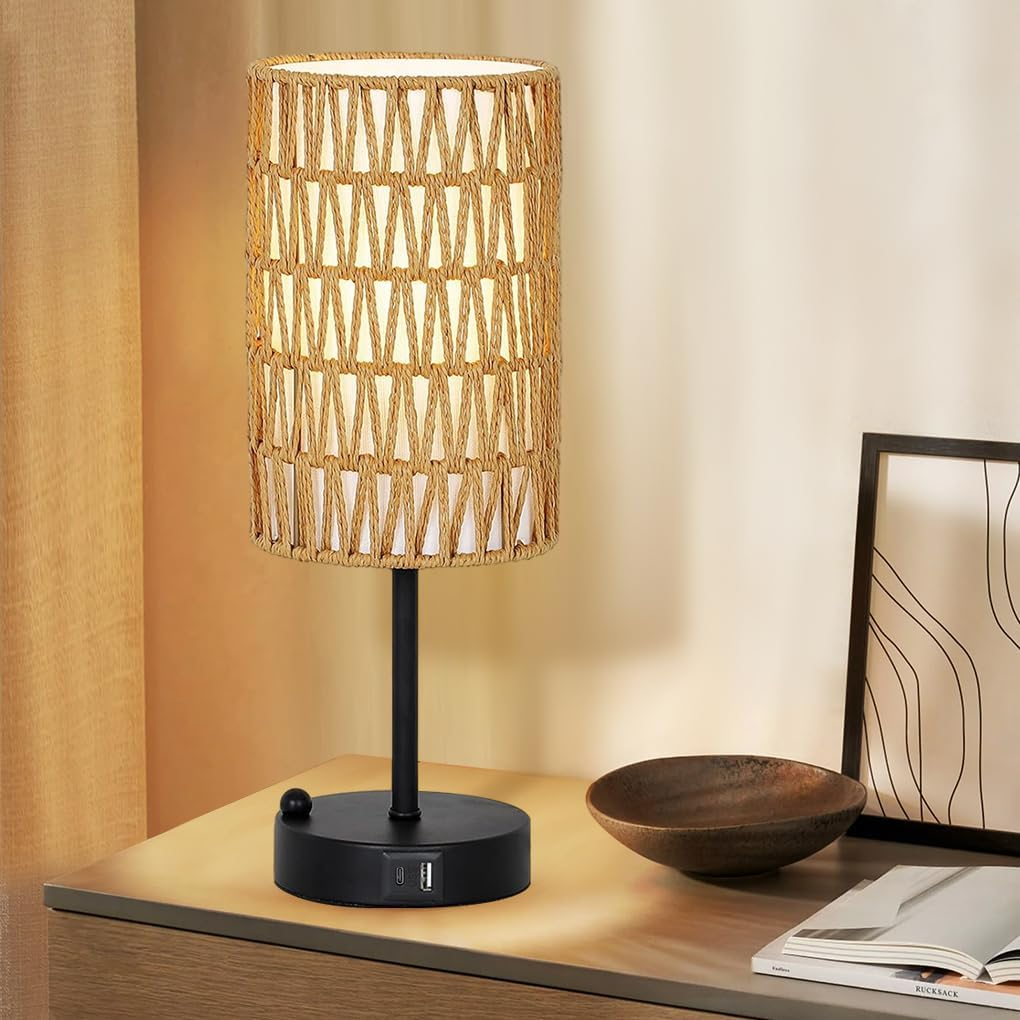 Clora Touch Bedside Lamp with USB A+C Charging Ports & 3-Way Dimmable, Rattan & Linen Shade Table Lamp with Phone Stand and 6W LED Bulb Nightstand Lamp for Bedroom Living Room Home Office (2 Pack) image number 6