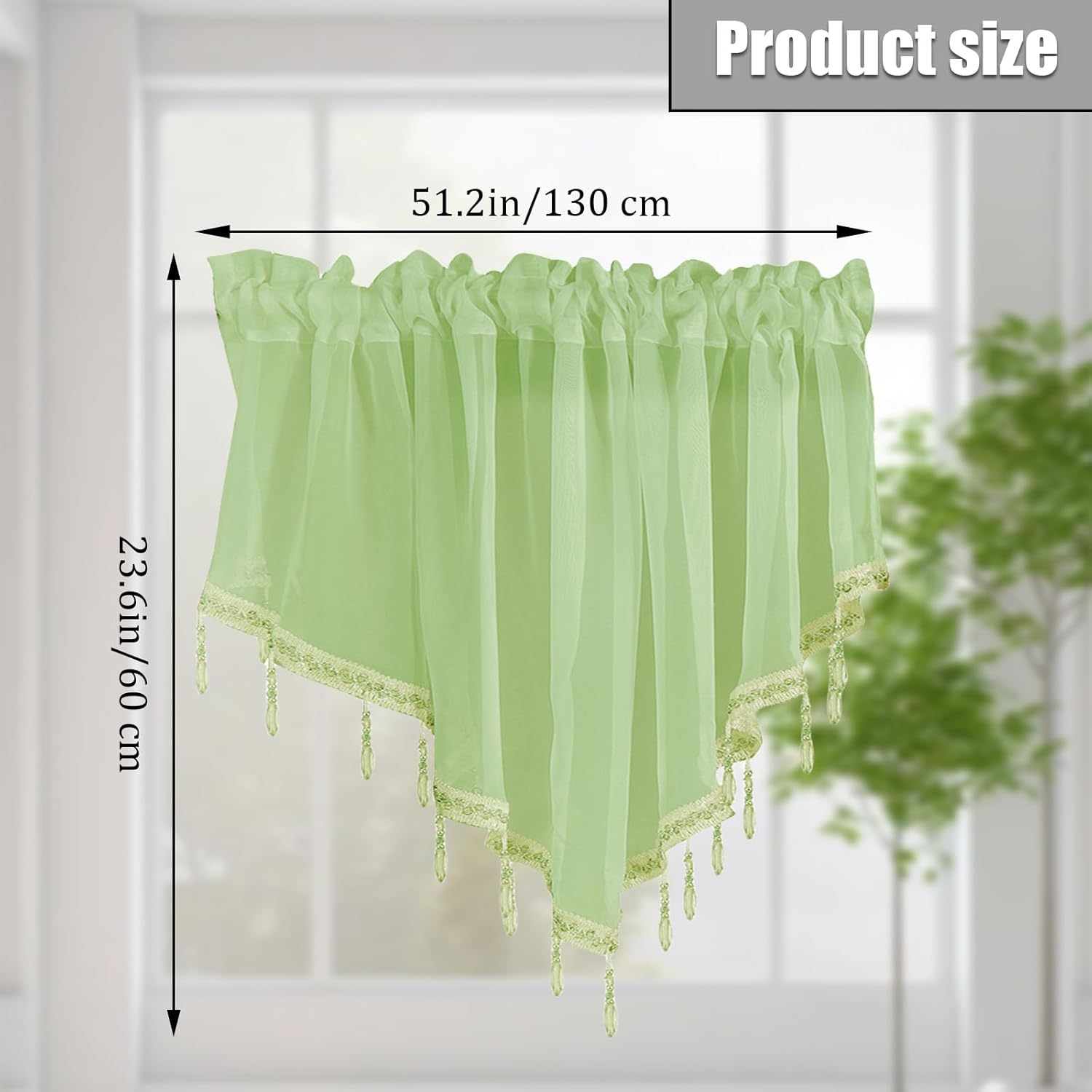 1Pcs Purple Sheer Valance Curtains 51.2 X 23.6 Inch, Beaded Swag Valances for Windows Living Room Kitchen Bedroom Bathroom, Short Top Farmhouse Valance Curtains with Rod Pocket Tassel Voile - Green image number 3