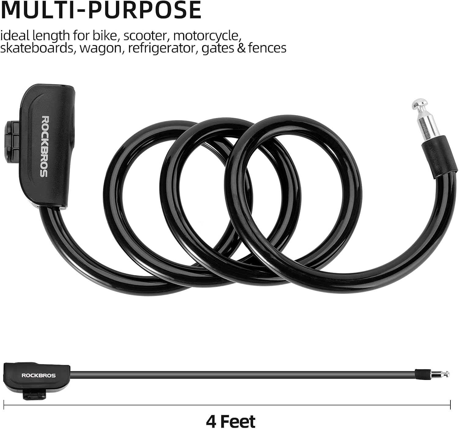 ROCKBROS Bike Lock Cable 4 Feet Bicycle Cable Lock with Mounting Bracket 2 Secure Keys 1/2 Inch Diameter