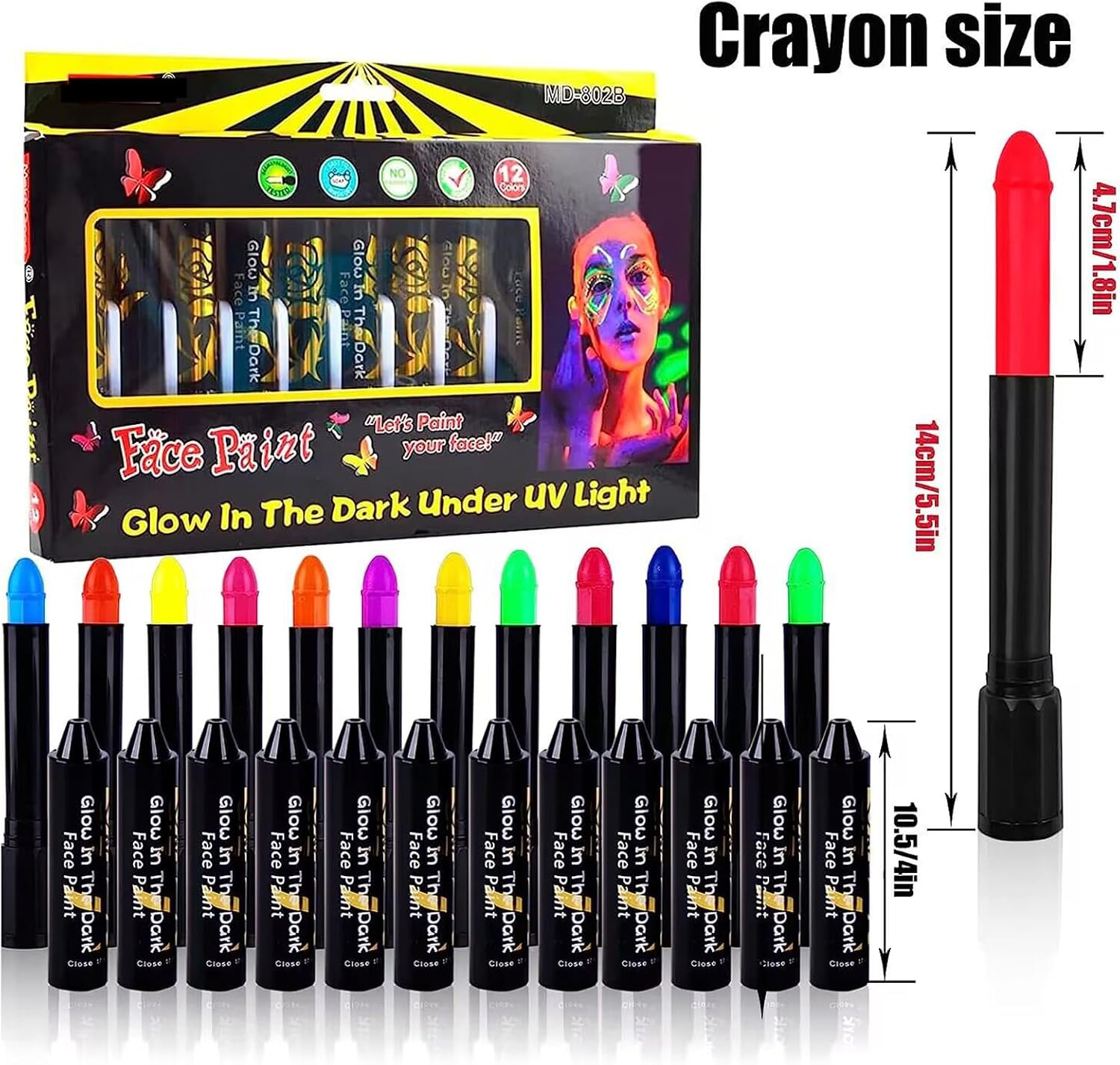 Glow in the Dark Paint-12 Colors 60G Crayons Body and Face Painting Kit Glow under UV Light,Non-Toxic Makeup for Halloween Masquerades Christmas Party Supplies image number 2