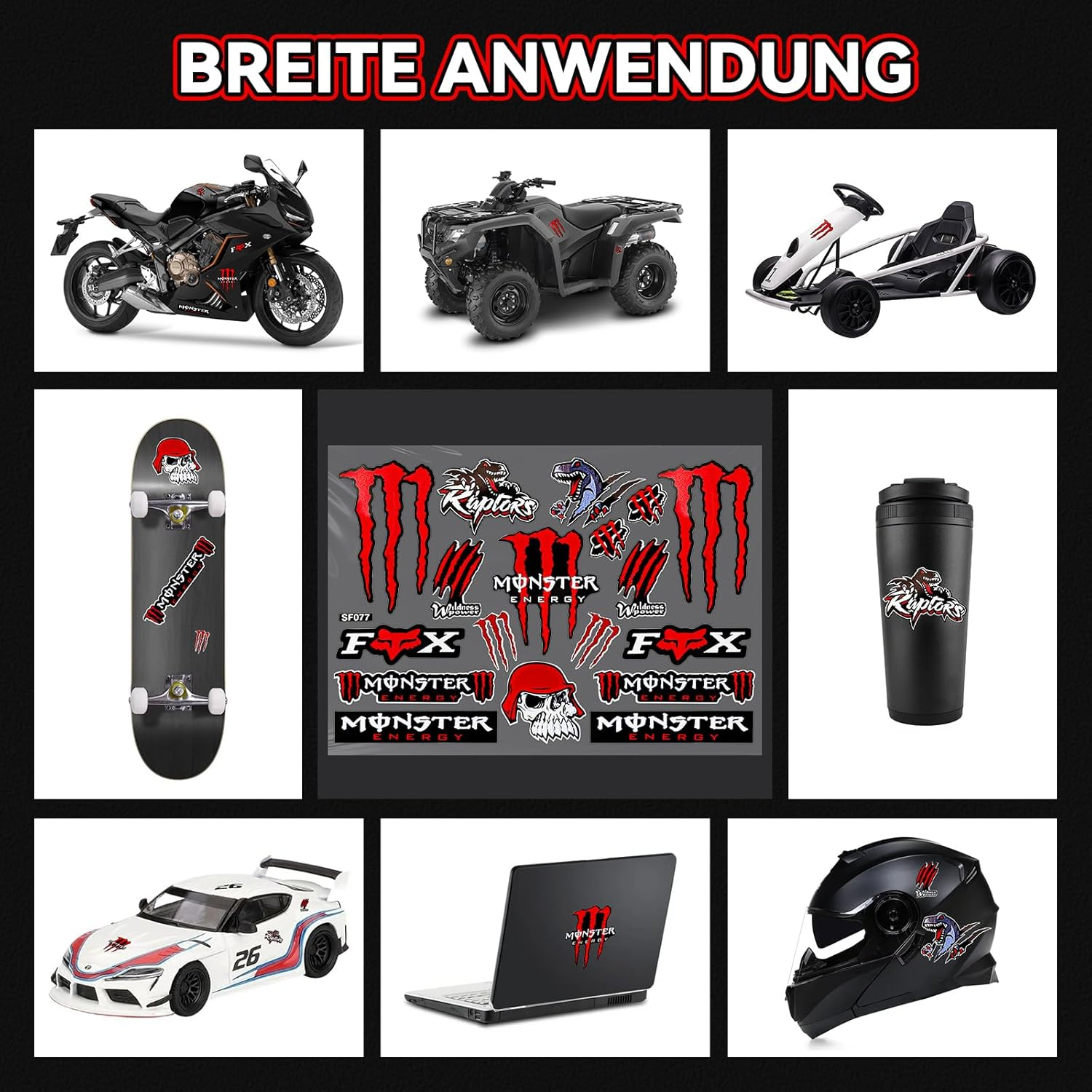 Cretassion Reflective Monster Energy Sticker, Waterproof Sticker Motorcycle Cool, High-Quality Stickers for Motorcycles, Motorcycle Helmet, Skateboard, Car and Off-Road Motorcycles Red image number 6