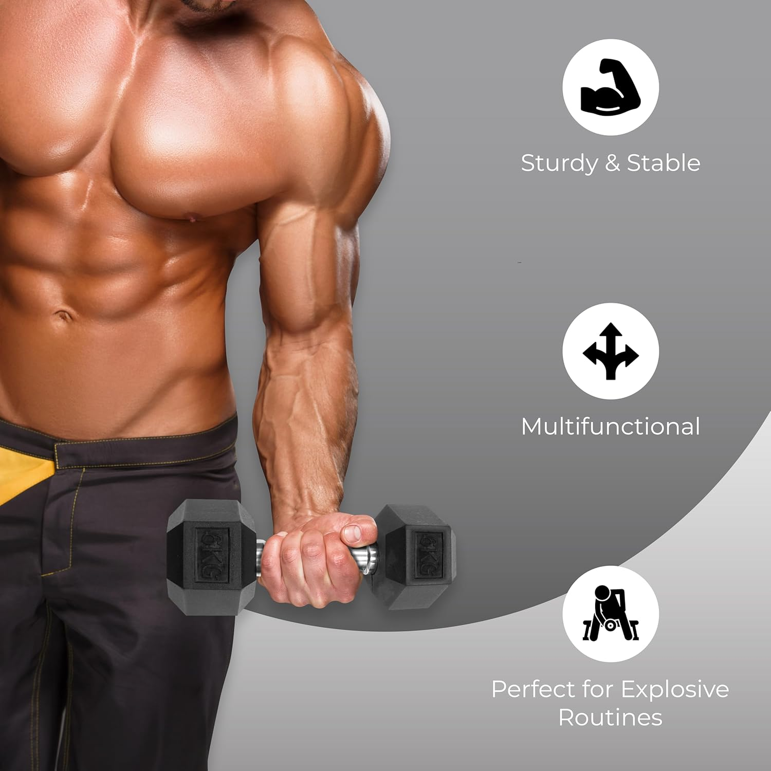 Endless Pair of Hexagon Rubber Coated Dumbbells | Black | Material: Iron and Rubber | Perfect for Bodybuilding, Fitness, Weight Lifting and Training at Home or Gym image number 4