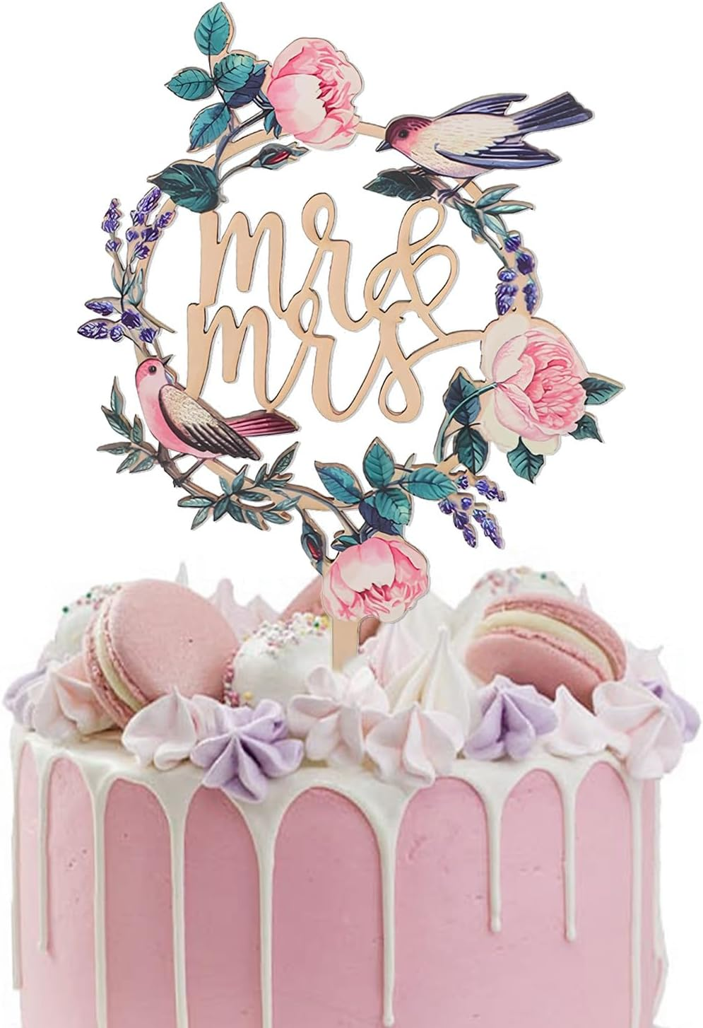 Mr & Mrs Wooden Cake Topper &ndash; Rose & Bird Floral Wedding Cake Decorations &ndash; Rustic Cake Sign for Engagement, Anniversary & Bridal Parties &ndash; 7 Inch Height image number 4